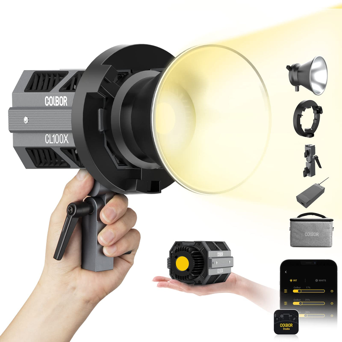 Video Light, Colbor Cl100X 110W Bi Colour Video Light 2700K 6500K Cri97+ Cob Continuous Aluminium With Bowens Mount App Control