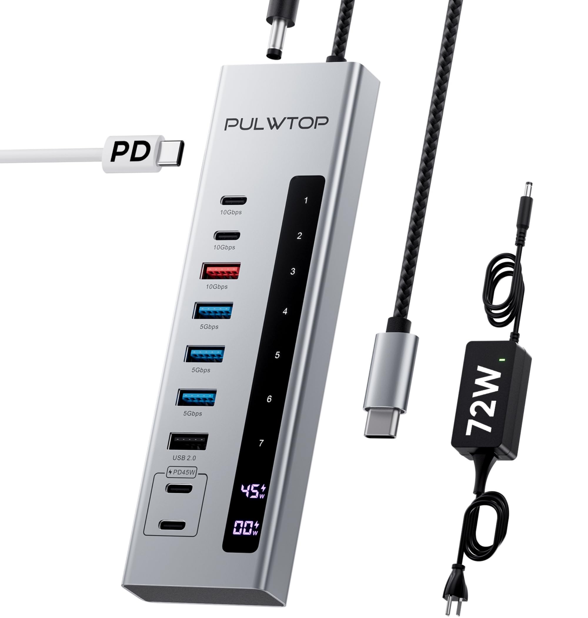 PULWTOP Powered USB C Hub, 10-in-1 USB 3.2 Data Hub with 3 x USB A/C 10Gbps, 3 x USBA 5Gbps, USB A 2.0, 100W PD-in, 2 x 24/45W T