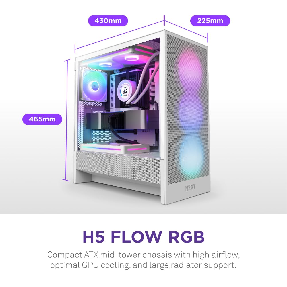 Nzxt H5 Flow Rgb 2024   Compact Atx Mid Tower Pc Gaming Case   High Airflow   F360 Rgb Core (Cv) Included   360Mm Front & 240Mm