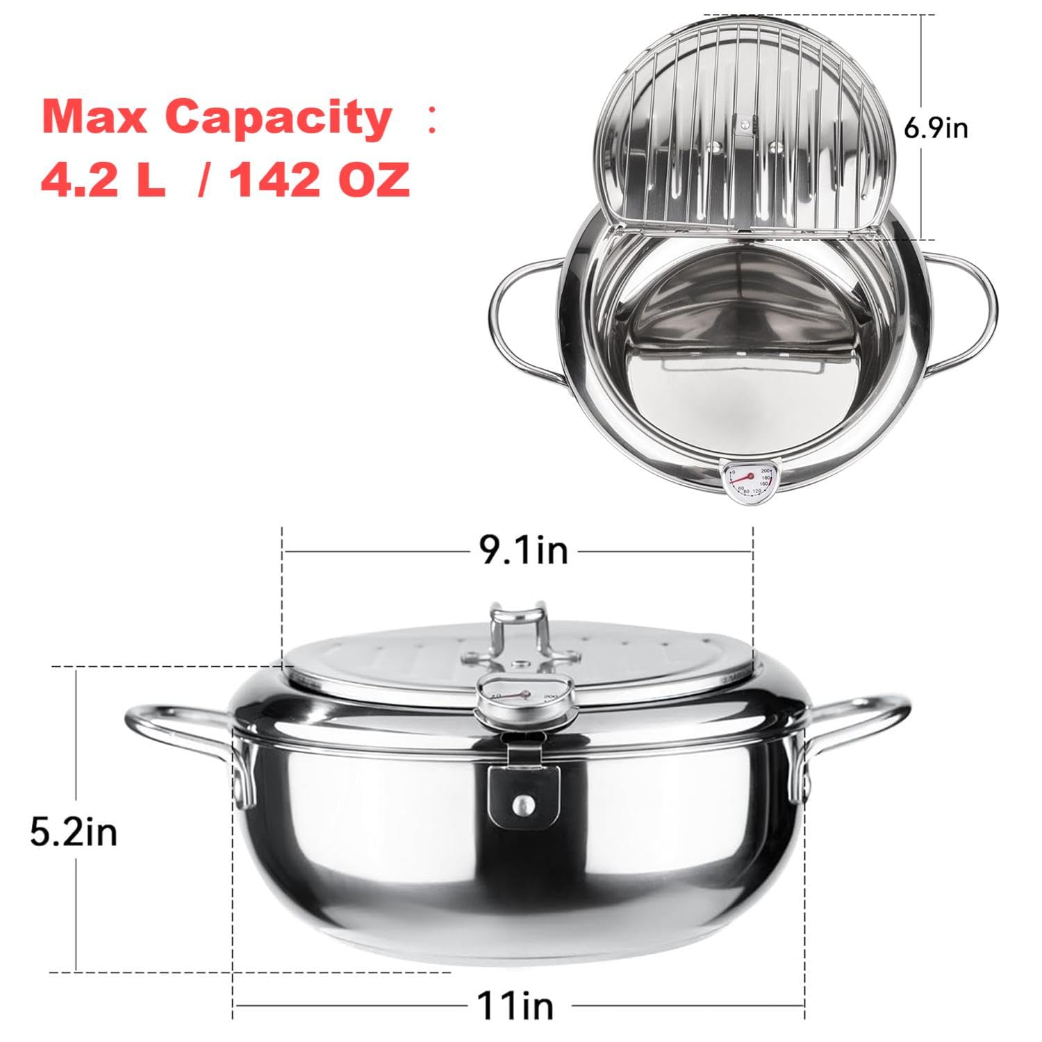 Large Tempura Frying Pot With Lid. Deep Fry Pot With (F) Thermometer And Oil Drip Drain Rack For Family Of 4-6 People 11 4.4Qt