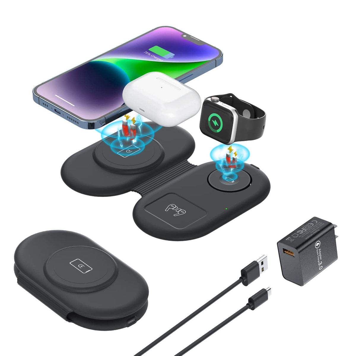 Wireless Charger 3 In 1, Foldable Magnetic Wireless Charging Station Travel Charging Pad, Compatible With Iphone 14 13 12 11 Pro