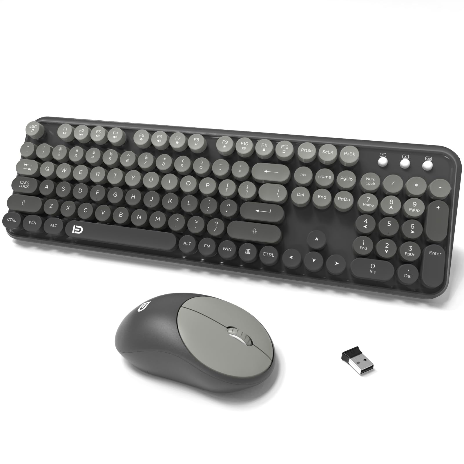 Wireless Keyboard and Mouse Combo,Retro Typewriter Bubble Keys,Black Grey