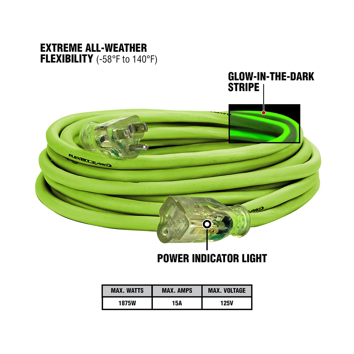 Flexzilla Pro Extension Cord, 14/3 Awg Sjtw, 25 Ft., Lighted Plug, Indoor/Outdoor, Zillagreen   Fz512725