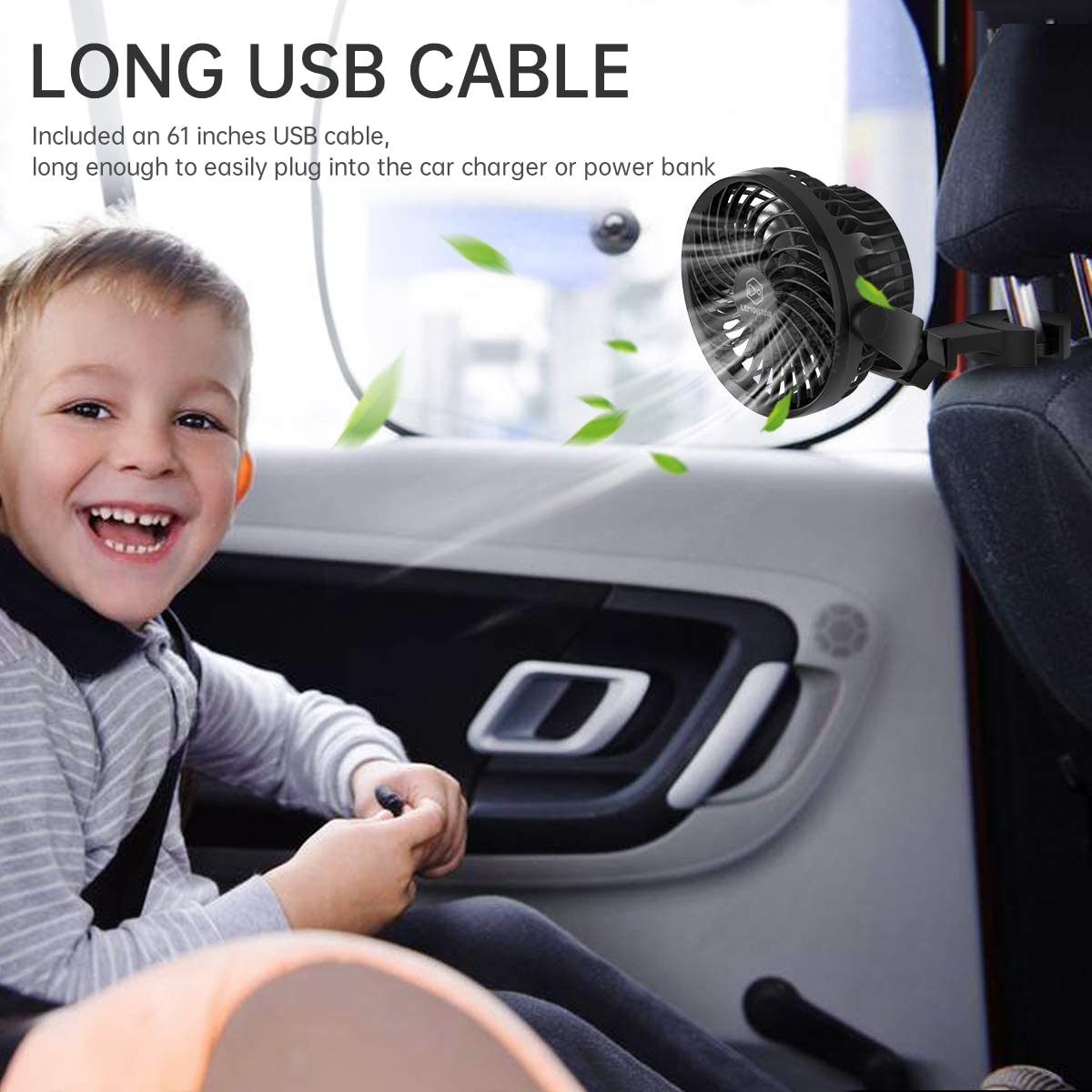 Lemoistar Battery Operated Usb Car Fan, Electric Cooling Fan, 4 Speed,360 Degree Rotatable Backseat Car Fan,5V Cooling Air Small