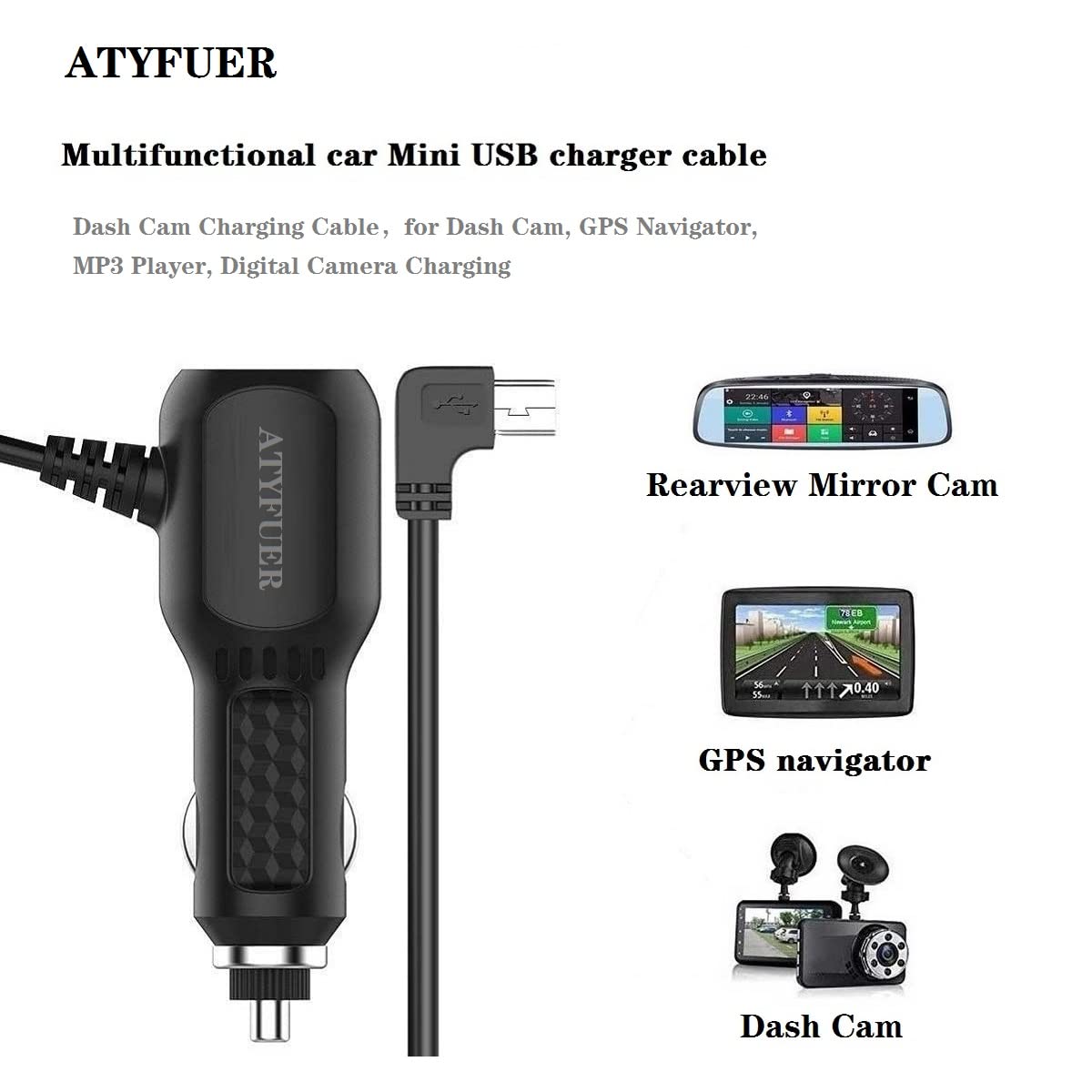 Atyfuer Dash Cam Charger Cable, 11.5Ft Mini Usb For 12V 24V Cars & Trucks, 3 In 1 Charging For Dash Cam, Gps Navigator, Mobile P