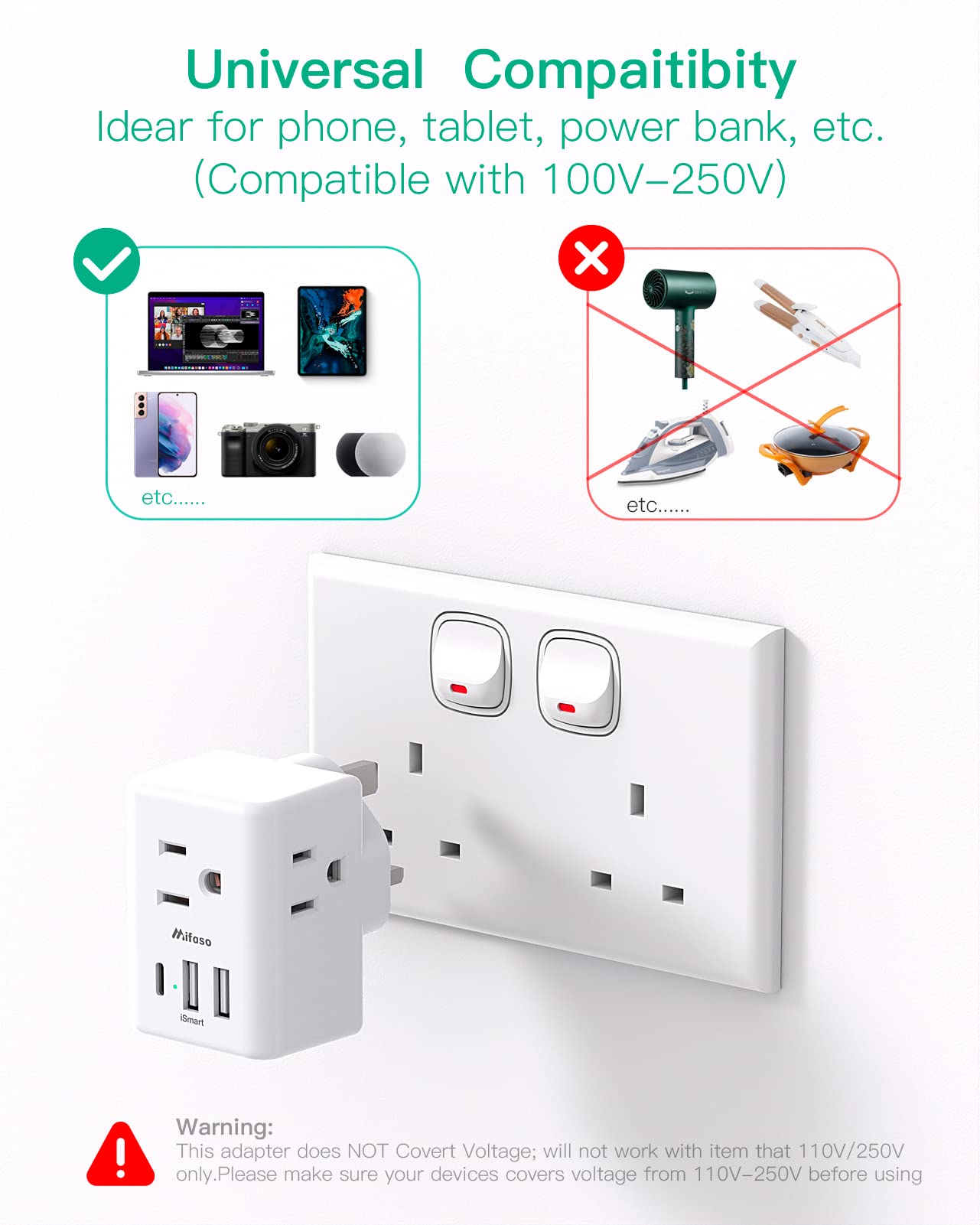 Us To Uk Plug Adapter, Type G Power Adapter With 3 Electrical Outlet 3 Usb Charger, International Plug Adapter, Usa To Dubai Eng