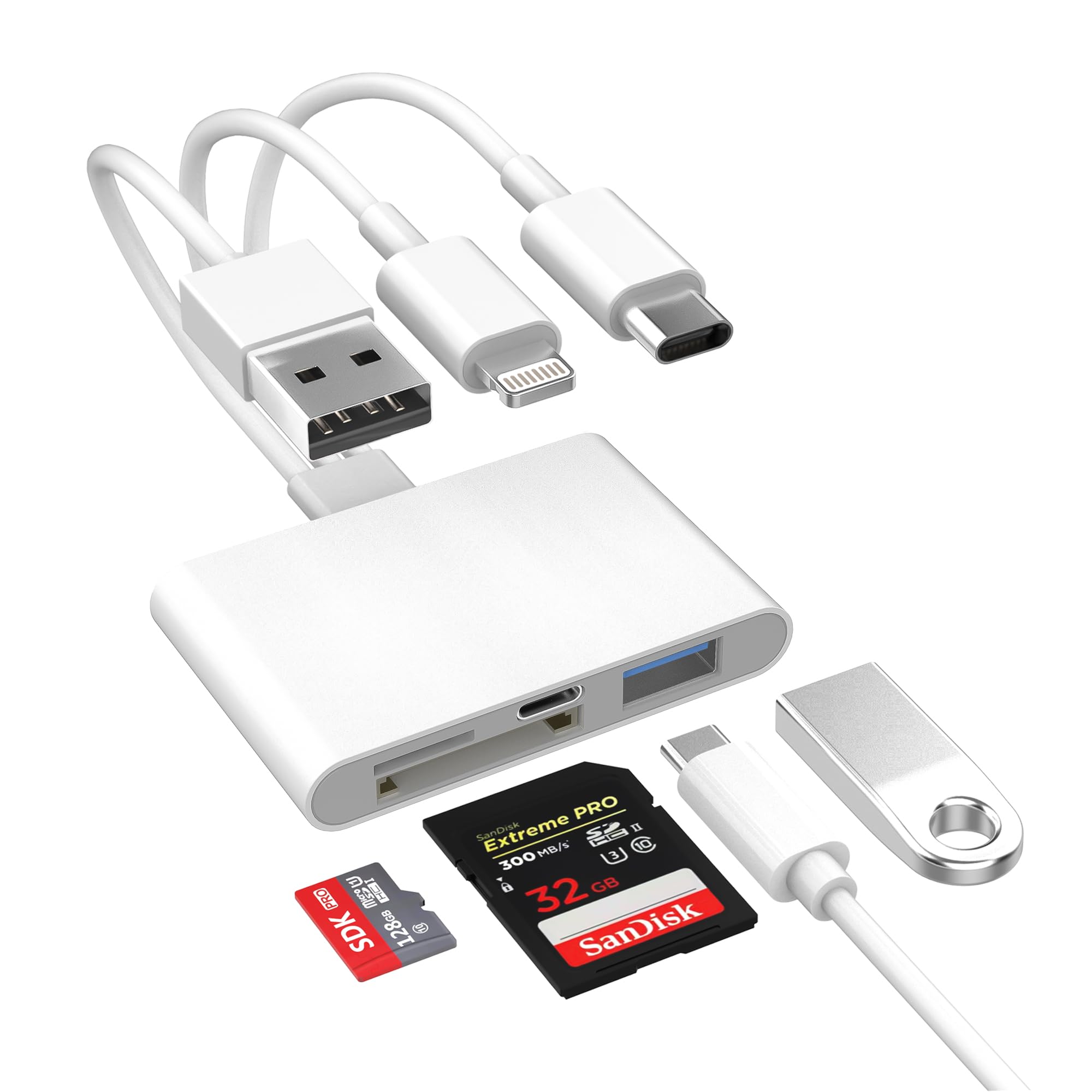 4in1 SD Card Reader for iPhone iPad Mac, USBC+Lightning+USB 3.0 OTG Adapter, Fast Transfer from Camera SD/TF Card to Phone, C