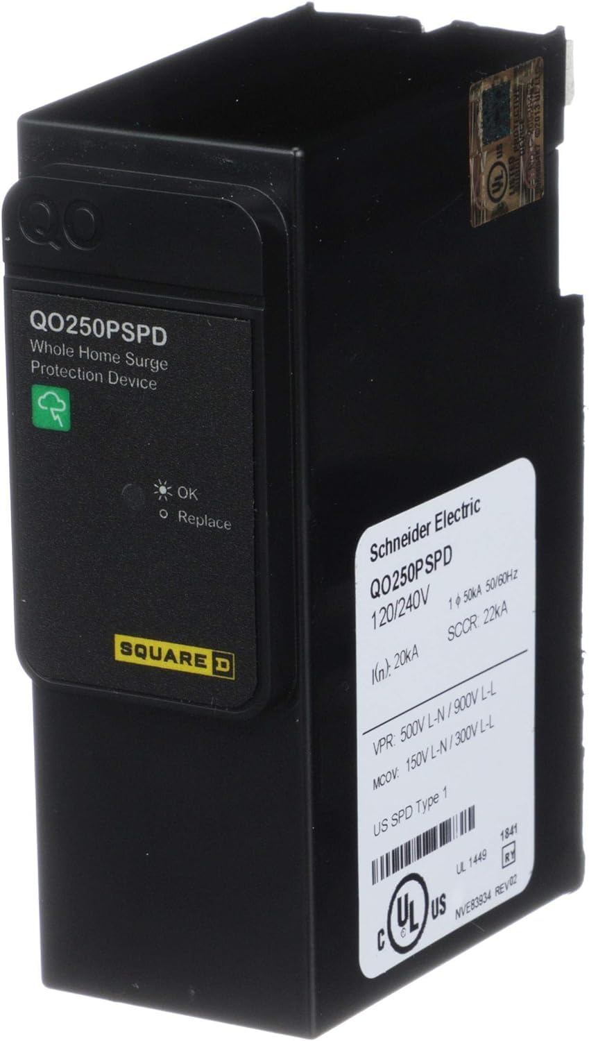 Square D QO Whole House Surge Protection Device, 50kA, 120/240V, 1-Phase, Model QO250PSPD, Plug-On Neutral, Black