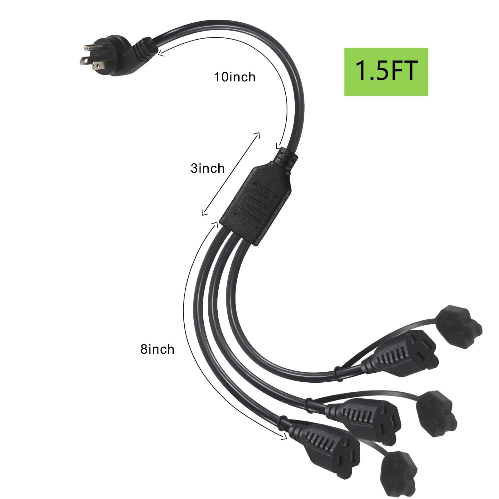2Pack 1.5Ft 1 To 3 Way Power Extension Cord Splitter   18Inch 3 Outlet Power Splitter, 45 Degree Flat Plug Sjtw 16Awg 3 Prong Bl