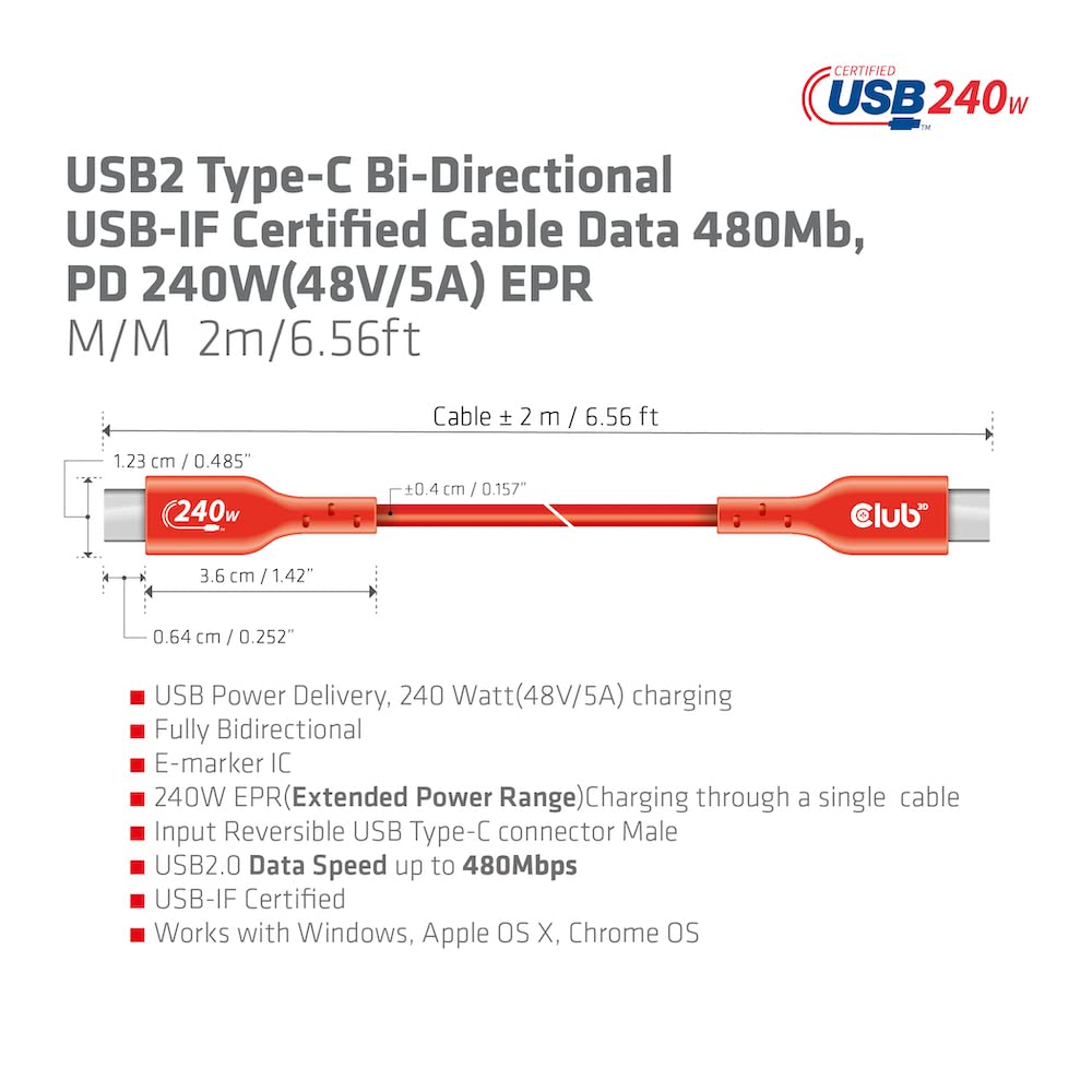 Club 3D Cac-1573 Usb2 Type C To Type C Certified Bi-Directional Cable With 240W Charging, 480Mb Data Transmission Epr 2M - 6.56F