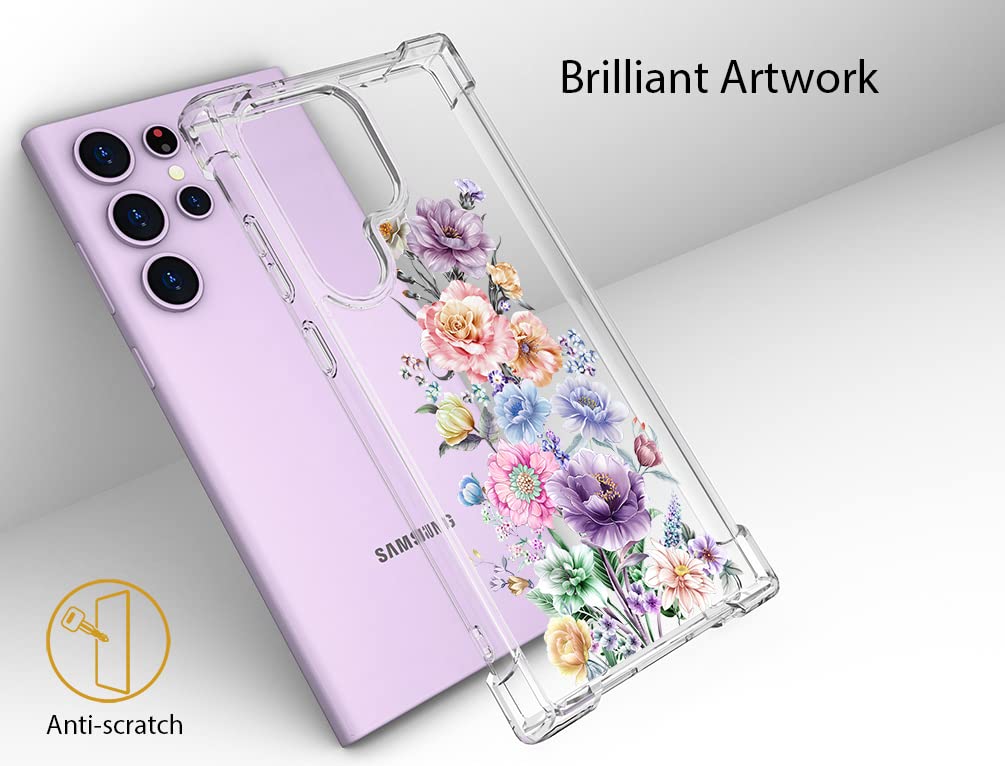 Topgraph Case Flower Floral Cute Clear For Women Girly Girls For Galaxy S23 Ultra, Transparent Phone Case Floral Design Compatib