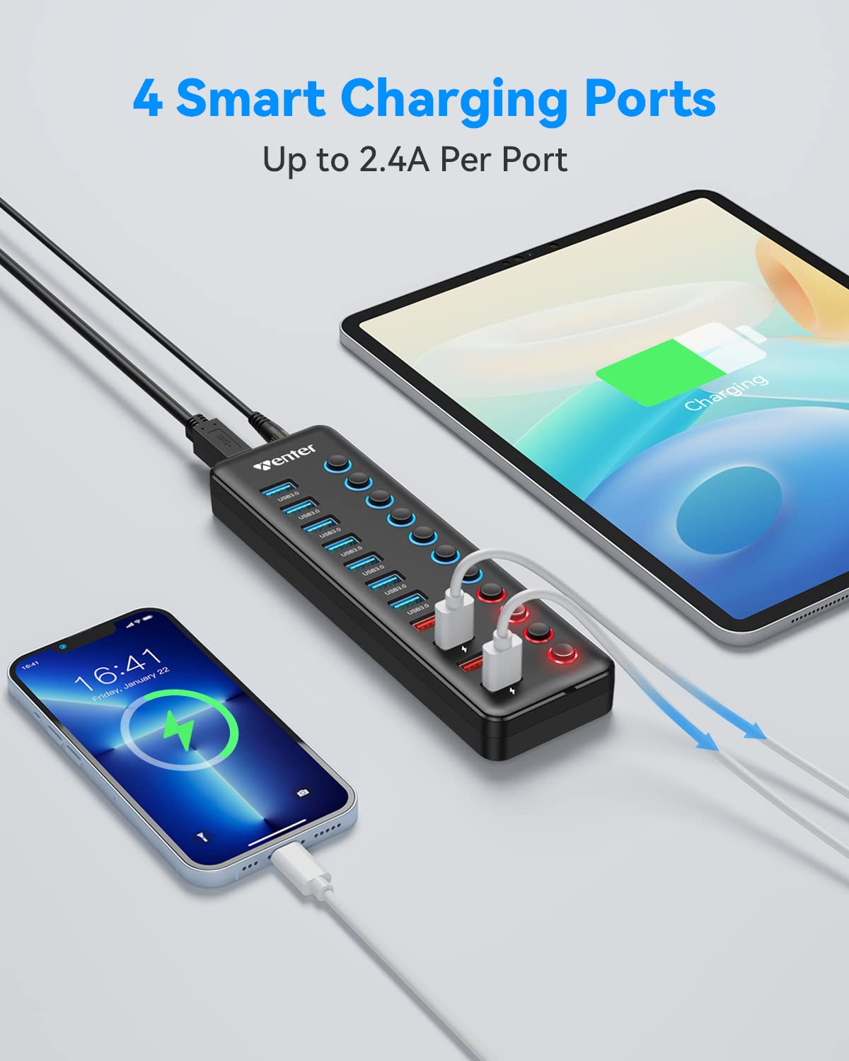 Powered Usb 3.0 Hub, Wenter 11 Port Hub Splitter (7 Faster Data Transfer Ports+ 4 Smart Charging Ports) With Individual Led On/Off Switches, Power Adapter For Mac, Pc