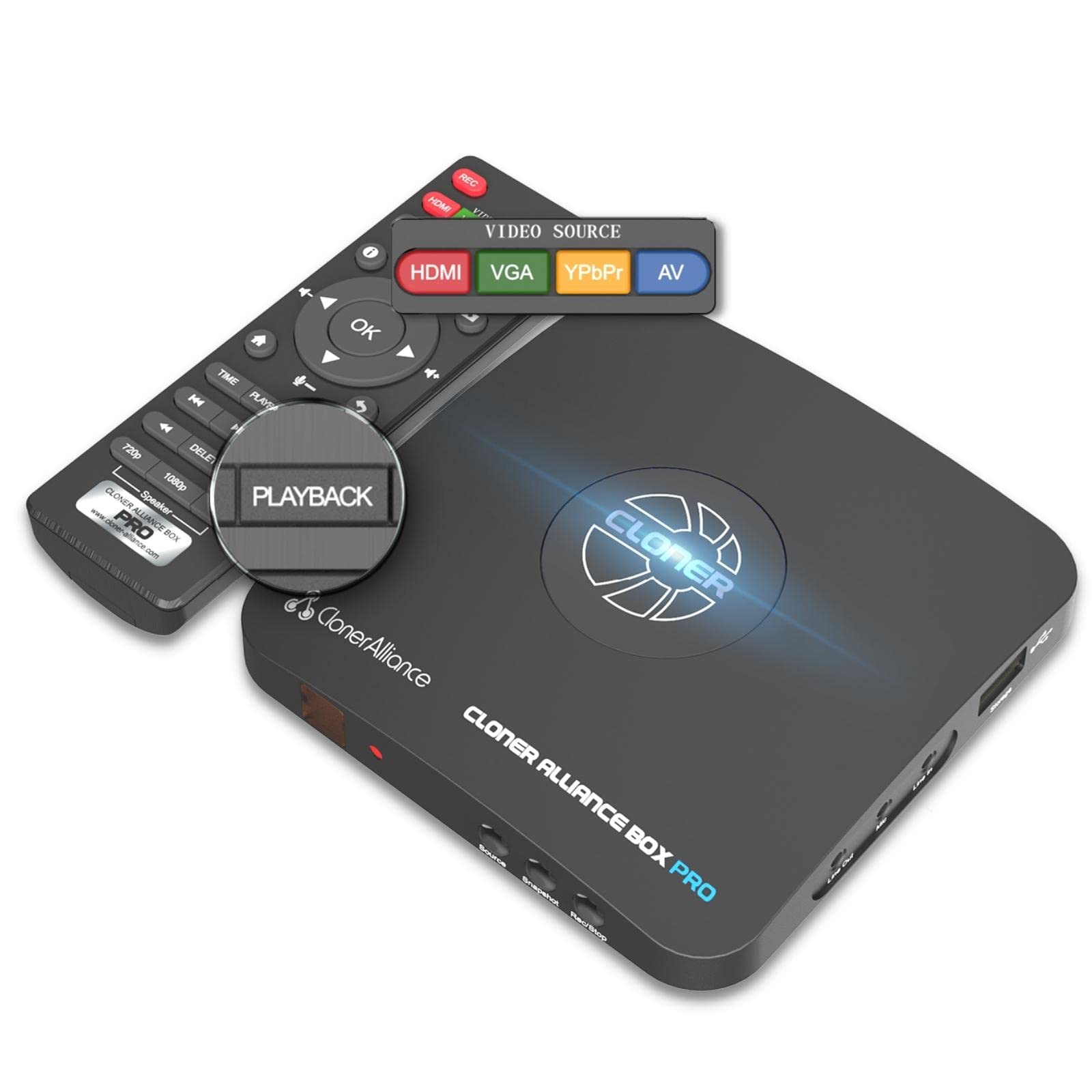ClonerAlliance Box Pro, 1080p@60fps Video Recorder, DVR with HDMI Capture, Playback on TV. RCA/YPbPr/VGA to Digital Converter. S