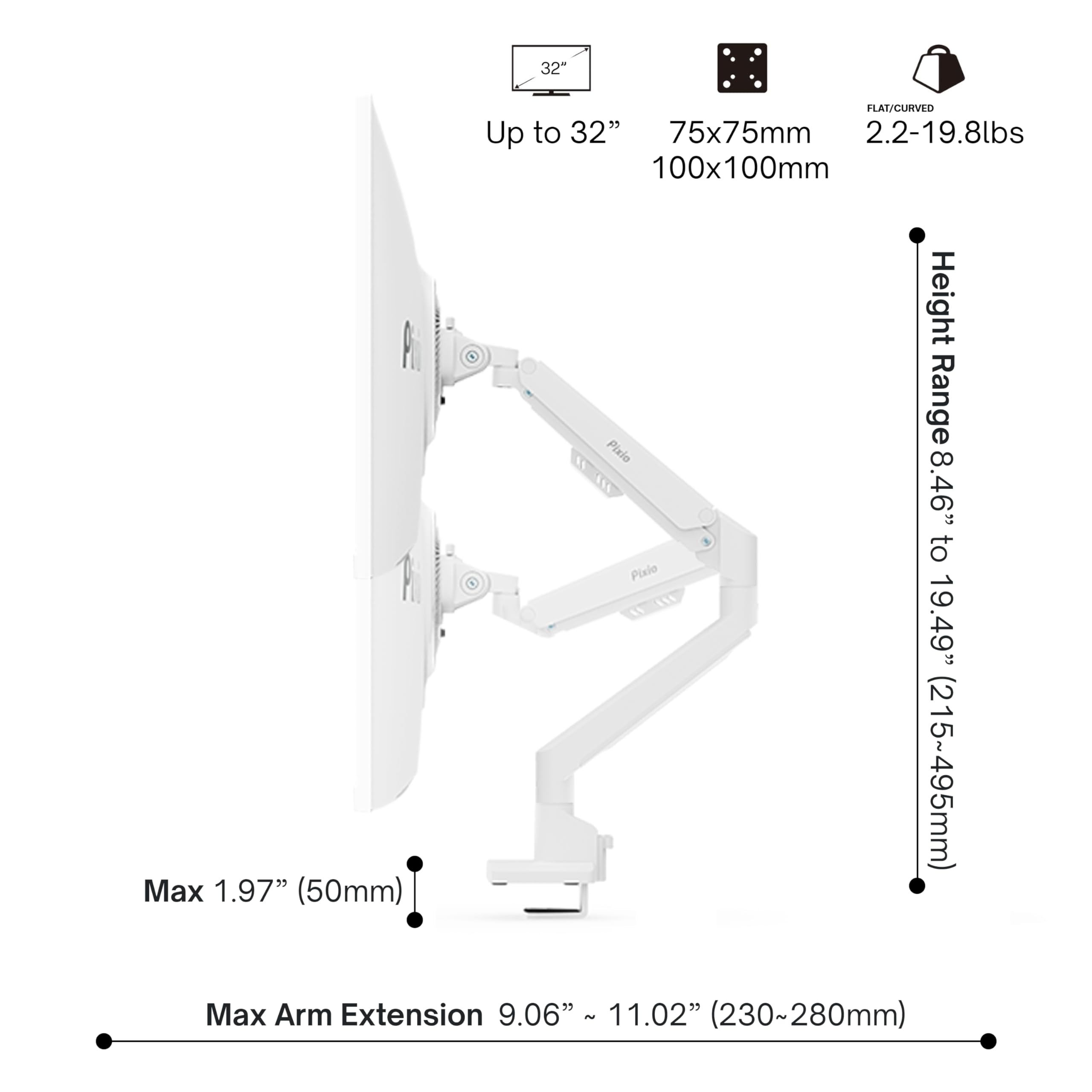 Pixio Ps1S Wave White Single Monitor Arm Stand Desk Mount   Fits Up To 32 Inches Monitors And Up To 19.8Lbs. Vesa Compatibility And Integrated Cable Management