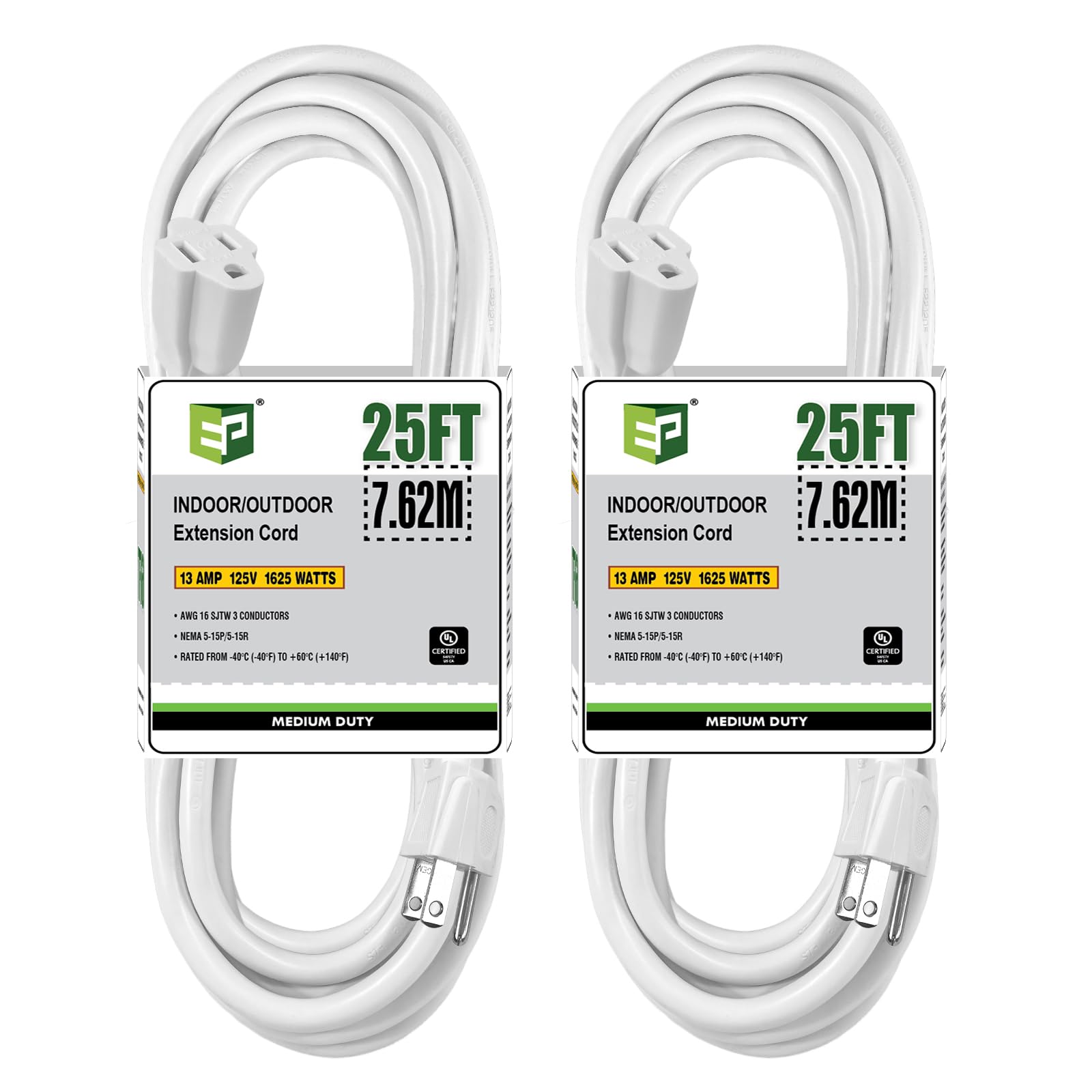 Ep 2 Pack 25 Ft Outdoor Extension Cord   16/3 Sjtw White Electrical Cable With 3 Prong Grounded Plug, Ul Listed