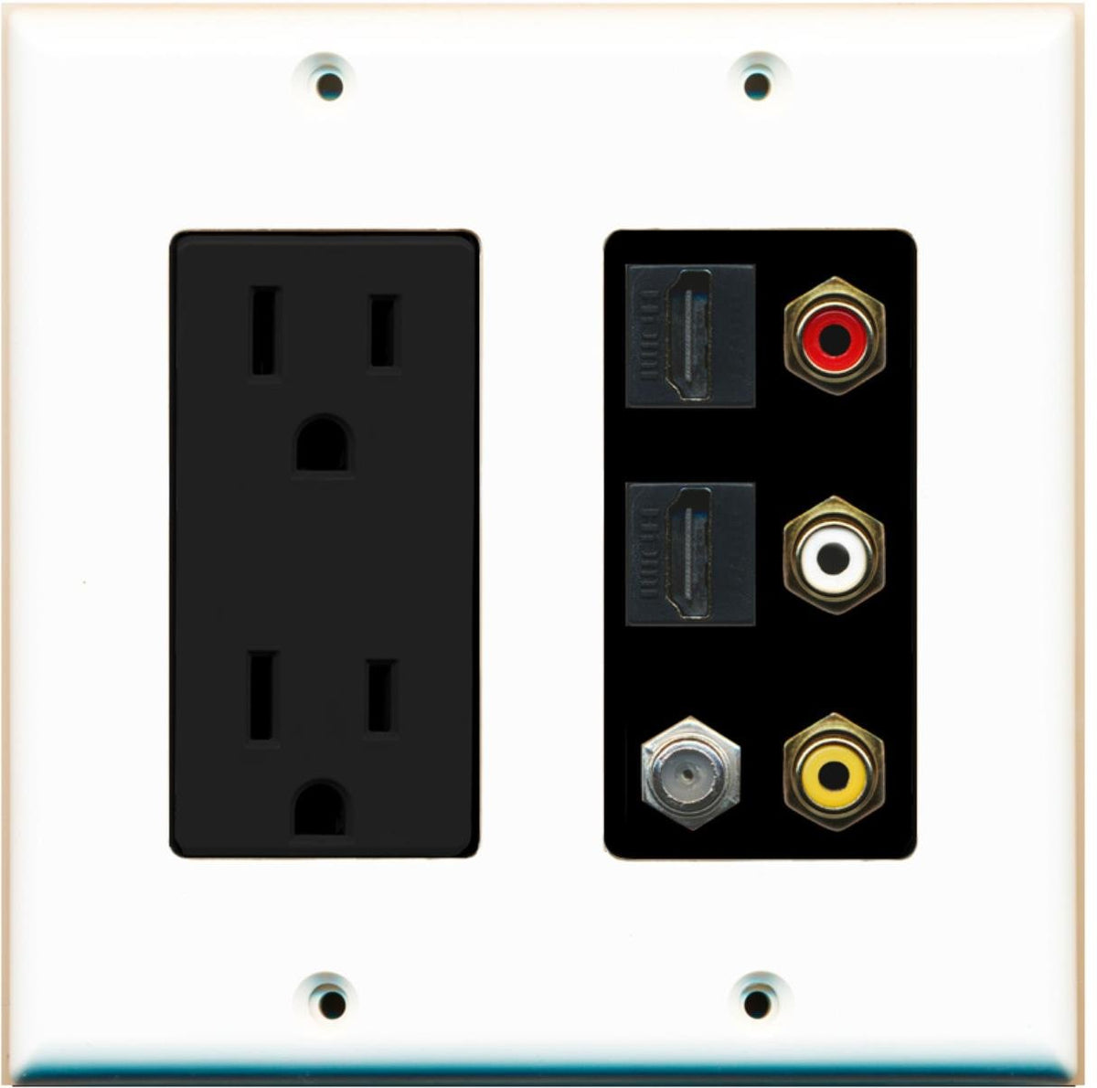 Riteav   2 X 15 Amp 125V Power Outlet 3 X Rca   2 X Hdmi And 1 X Coax Cable Tv Port Wall Plate   White/Black