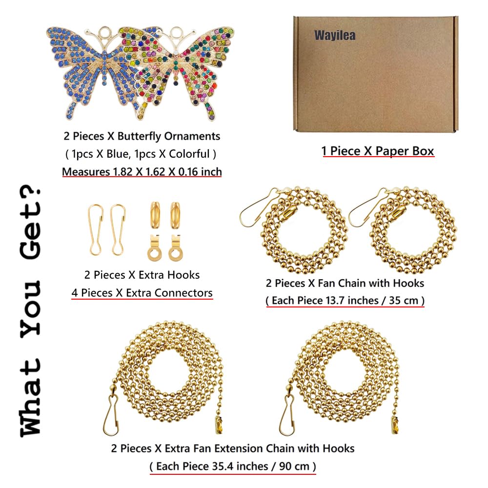 Wayilea Ceiling Fan Extension Chain, Decorative Crystal Rhinestone Butterfly Ornaments Pendant, Light Lamp Chain Pull Extender S