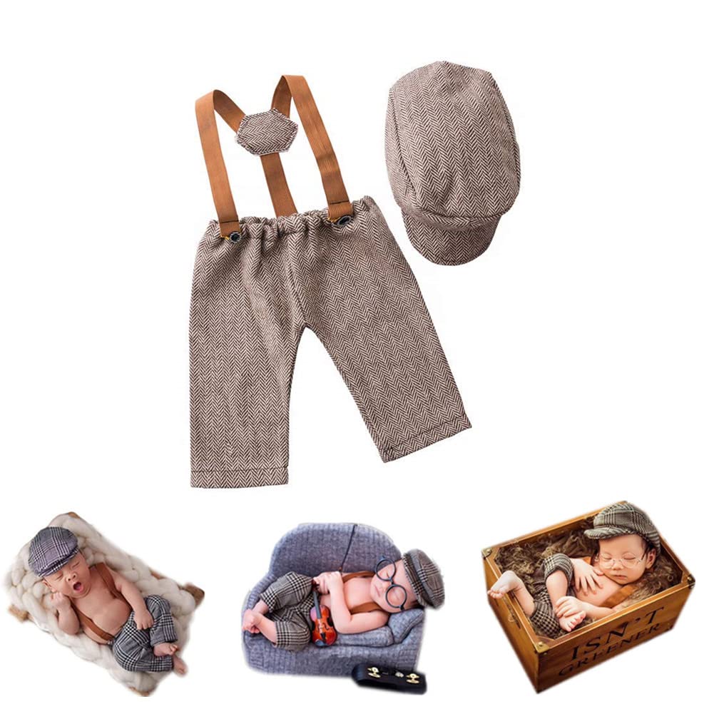 Newborn Monthly Baby Photo Props Stripe Cool Boys Cap Rompers Photography (Coffee)