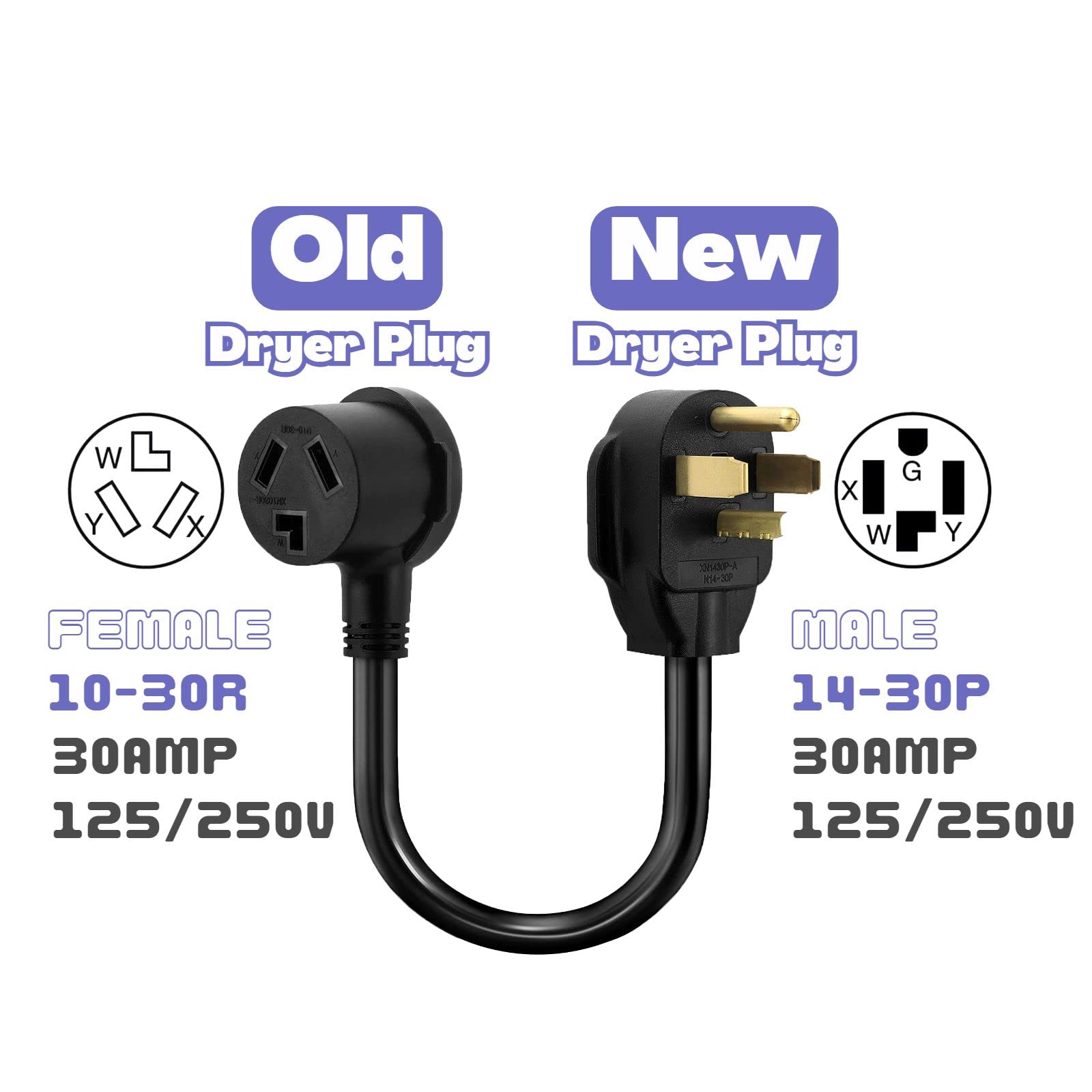 Dryer Adapter Cord, Nema 14 30P Male To 10 30R Female   3 Prong To 4 Prong, 1.5Ft, 30A/250V, Stw 10Awg   Ideal For Home Applianc