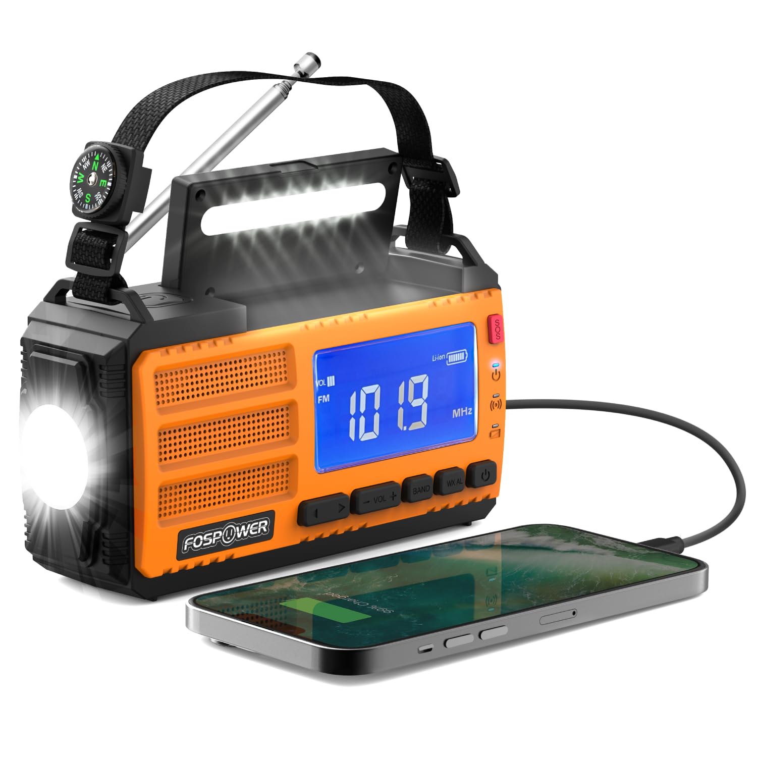 Fospower Emergency Weather Radio (Model D8) Noaa/Am/Fm With 10,000Mah/37000Mwh Portable Power Bank, Usb/Solar/Hand Crank Chargin
