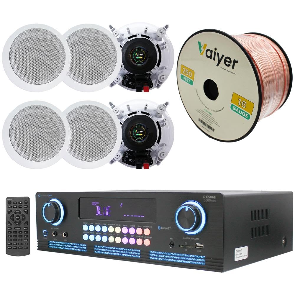Home Theater System Kit 2000 Watts Bluetooth Amplifier with 6 Qty 6.5 200 Watts in-Wall in-Ceiling Speakers & 16 Gauge 250 ft. S