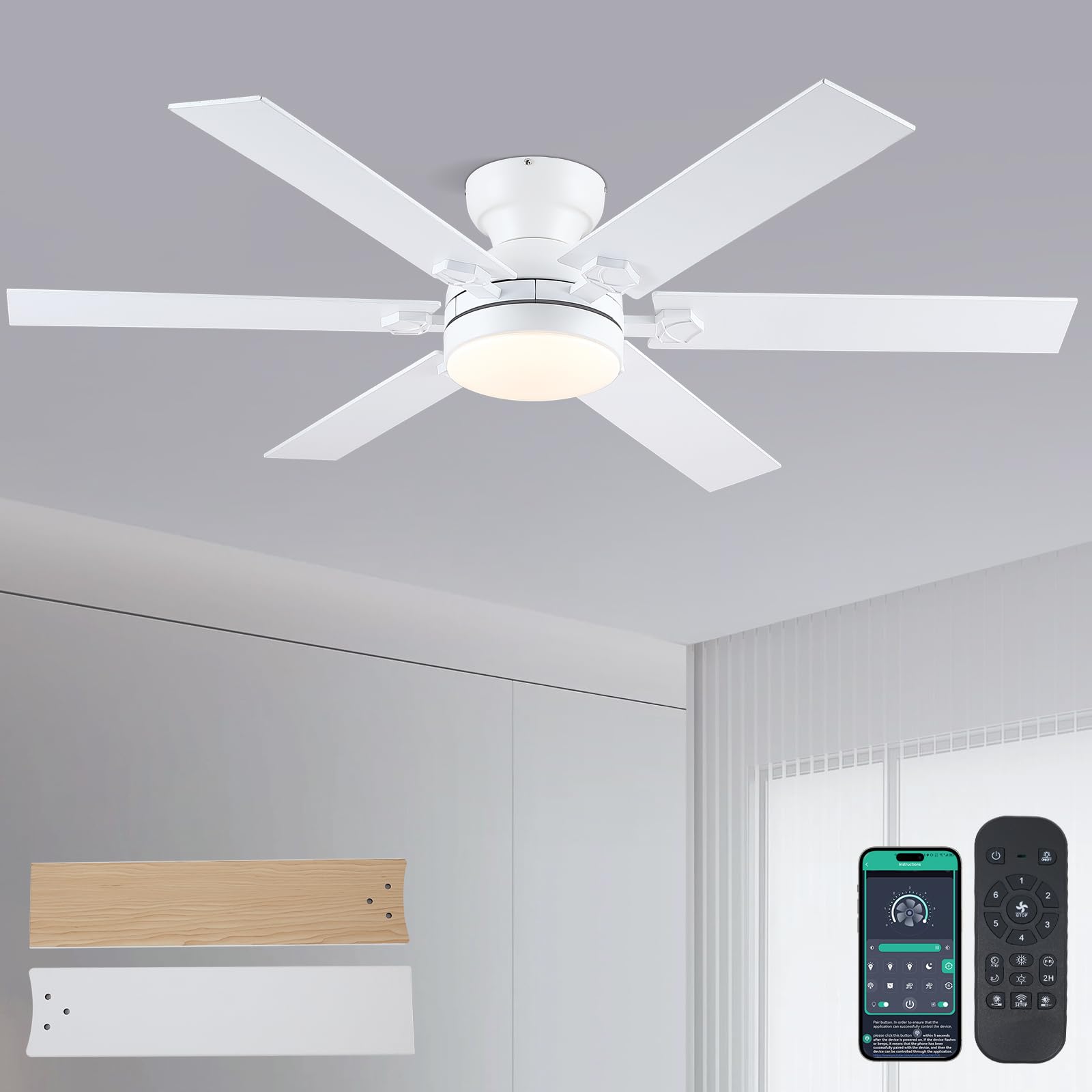 Goniyado Low Profile Ceiling Fans with Lights and Remote, 52 Modern Outdoor Ceiling Fans with 3 Colors 6 Speeds, White Flush Mou