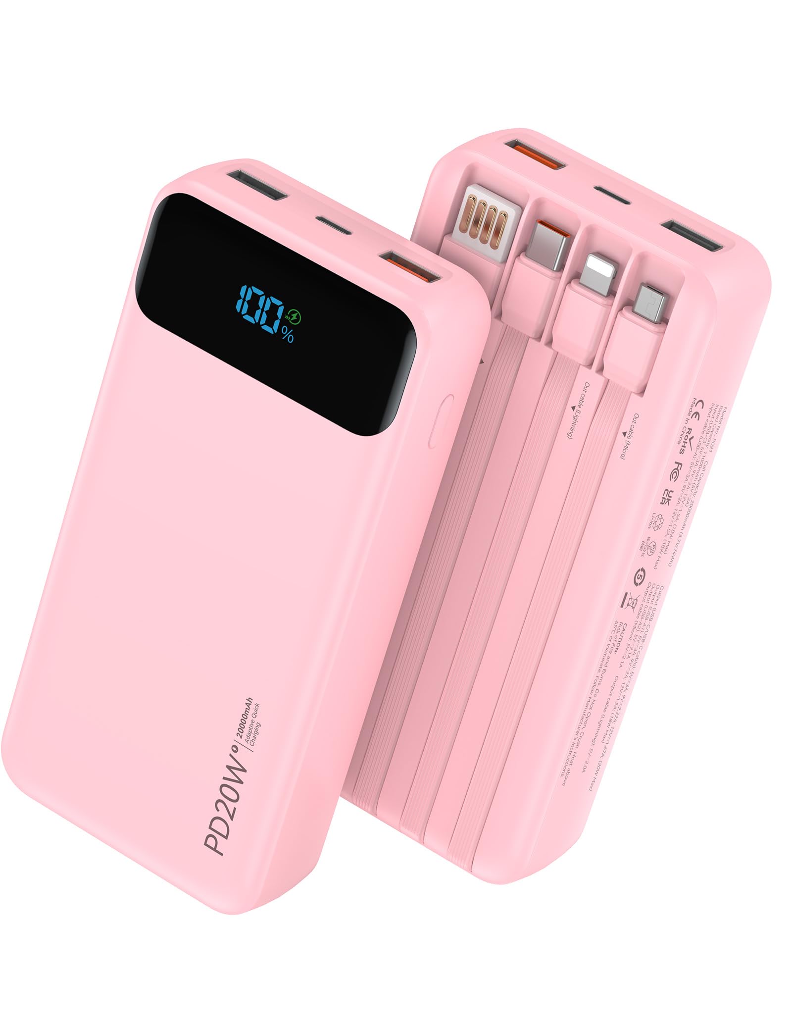 Nusyddy Portable Charger 20000mAh with 4 Builtin Cables & 6 Outputs Pink
