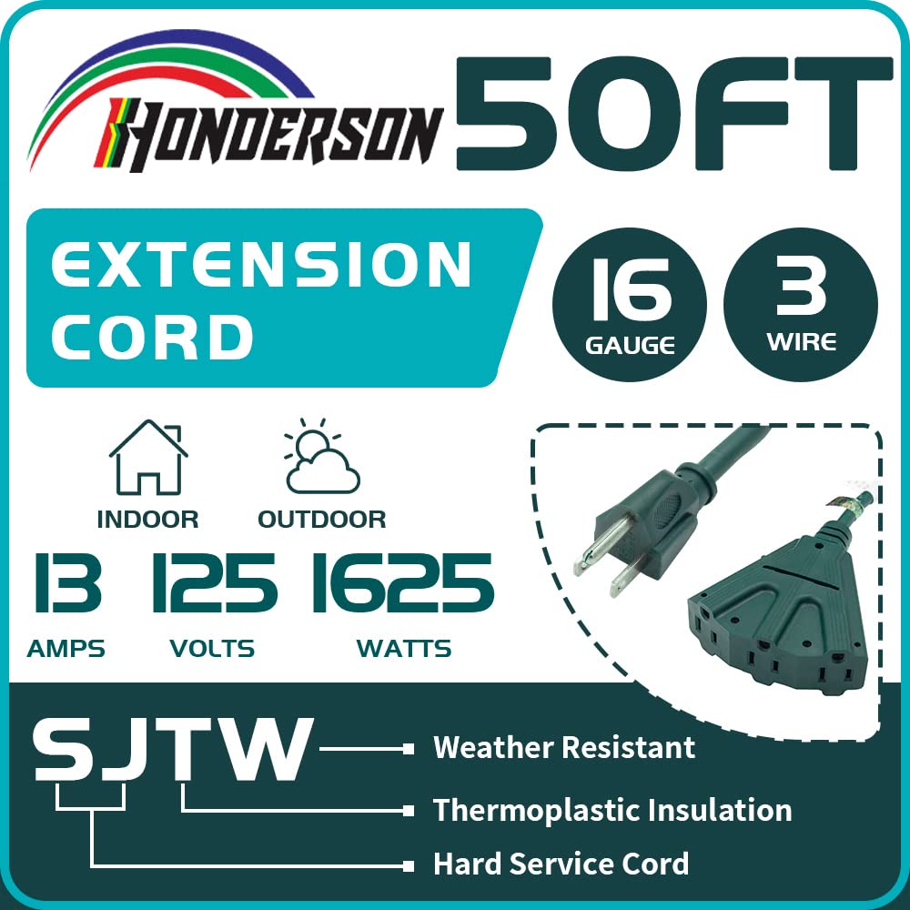 Honderson 3 Outlets Indoor Outdoor Extension Cord Weatherproof, Ul Listed, 16 Gauge 50Ft Green 3 Prong Heavy Duty, 16/3 Sjtw 13A