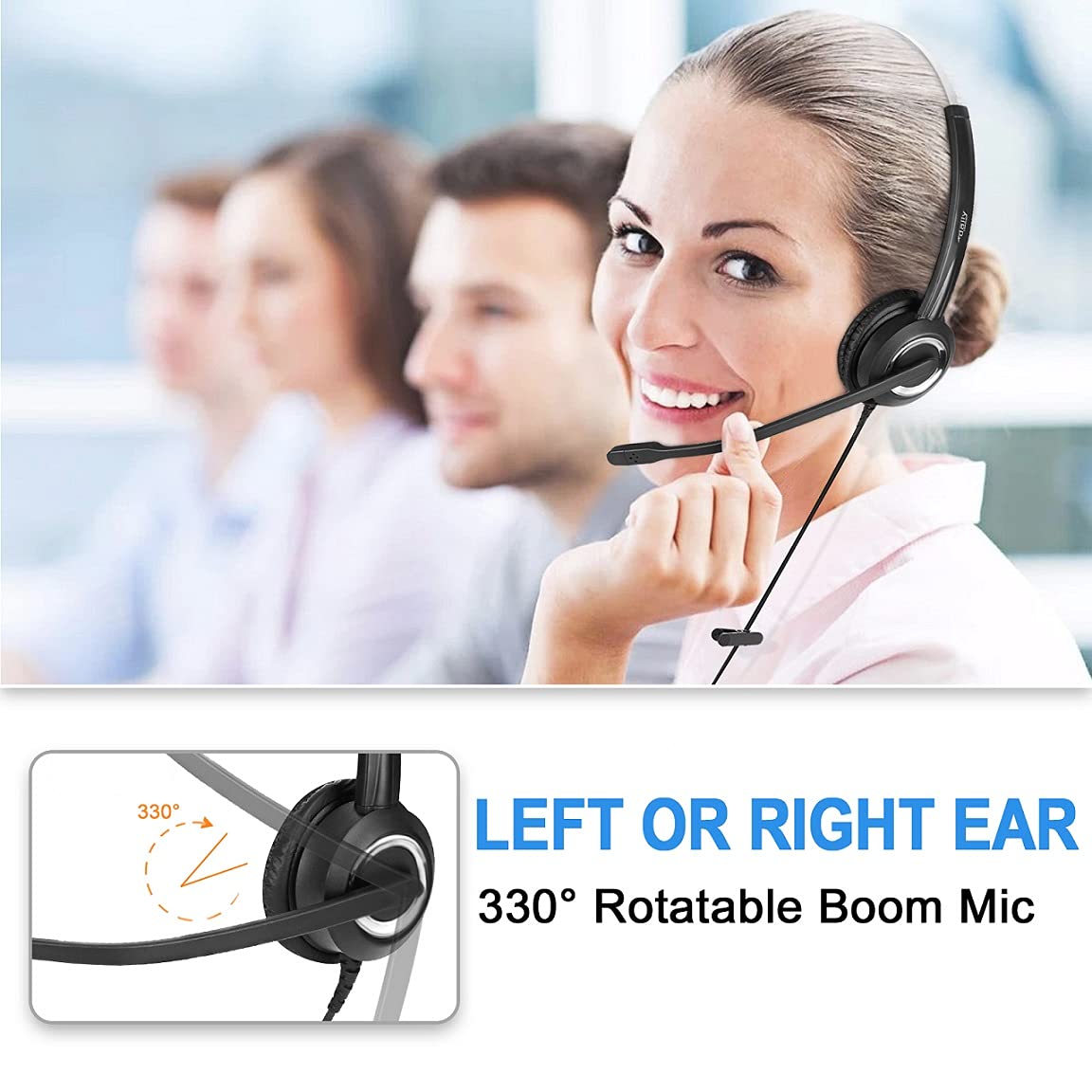 Phone Headset Noise Cancelling Mic Rj9 U10P Bottom Cable Compatible With Polycom Vvx, Mitel, Shoretel, Avaya Digital Phones