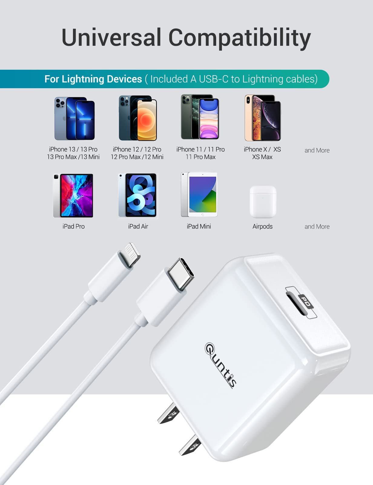Iphone Super Fast Charger [Apple Mfi Certified], Quntis 2Pack 20W Iphone High Speed Type C Rapid Charger Plug With 6Ft C To Ligh