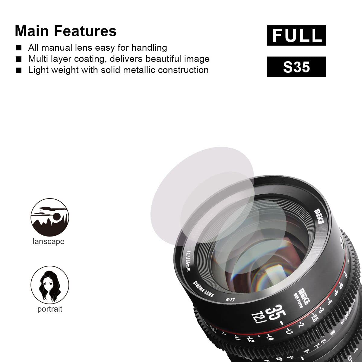 Meke 35Mm T2.1 Super 35 Prime Manual Focus Cinema Lens For Ef Mount Cine Camera Compatible With C200 C300 Ii, Red Komodo, Bmpcc