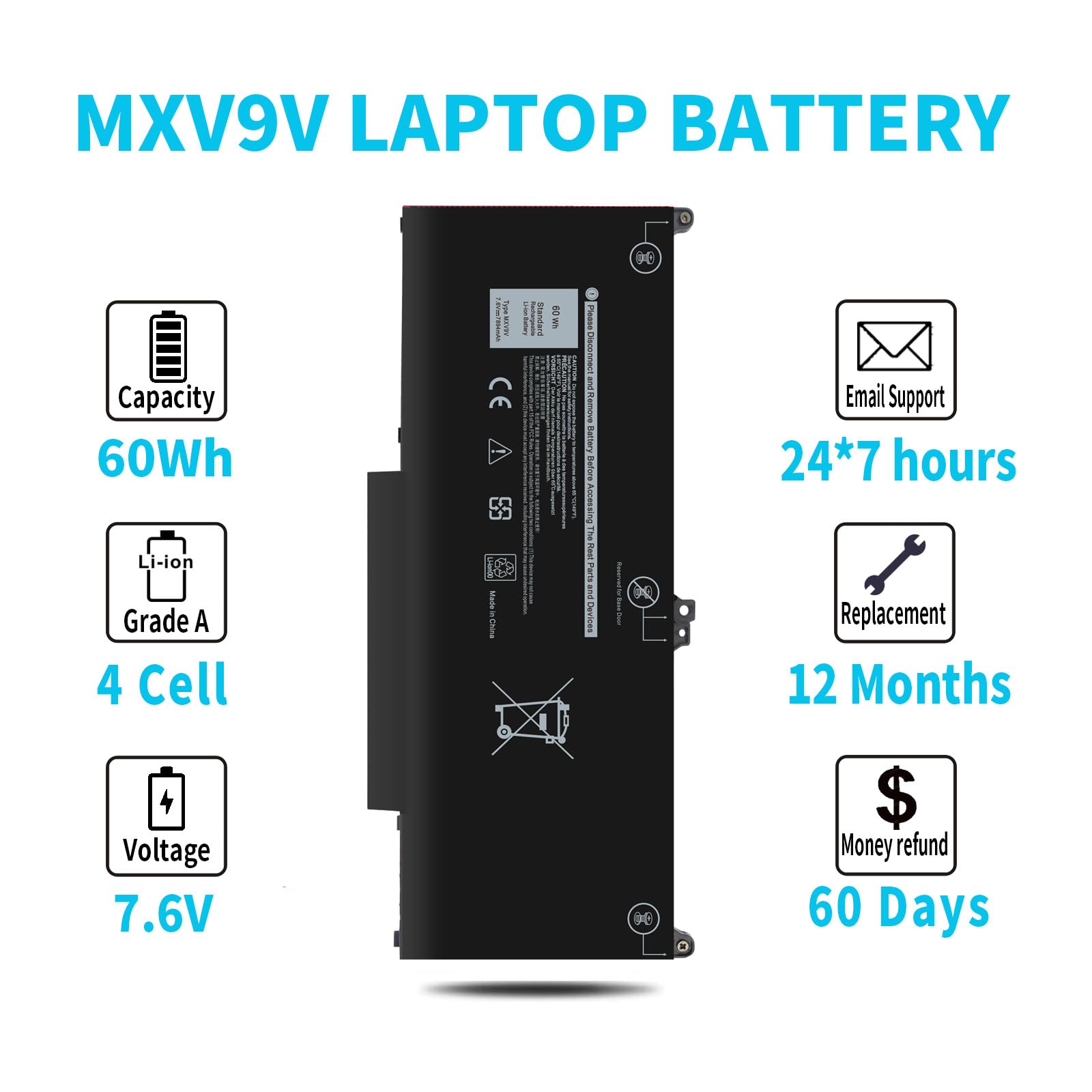 Mxv9V 7.6V 60Wh Laptop Battery For Dell Latitude 7400 7300 E5300 E5310, Latitude 5300 5310 2 In 1, For Inspiron 7300 7306 2 In 1