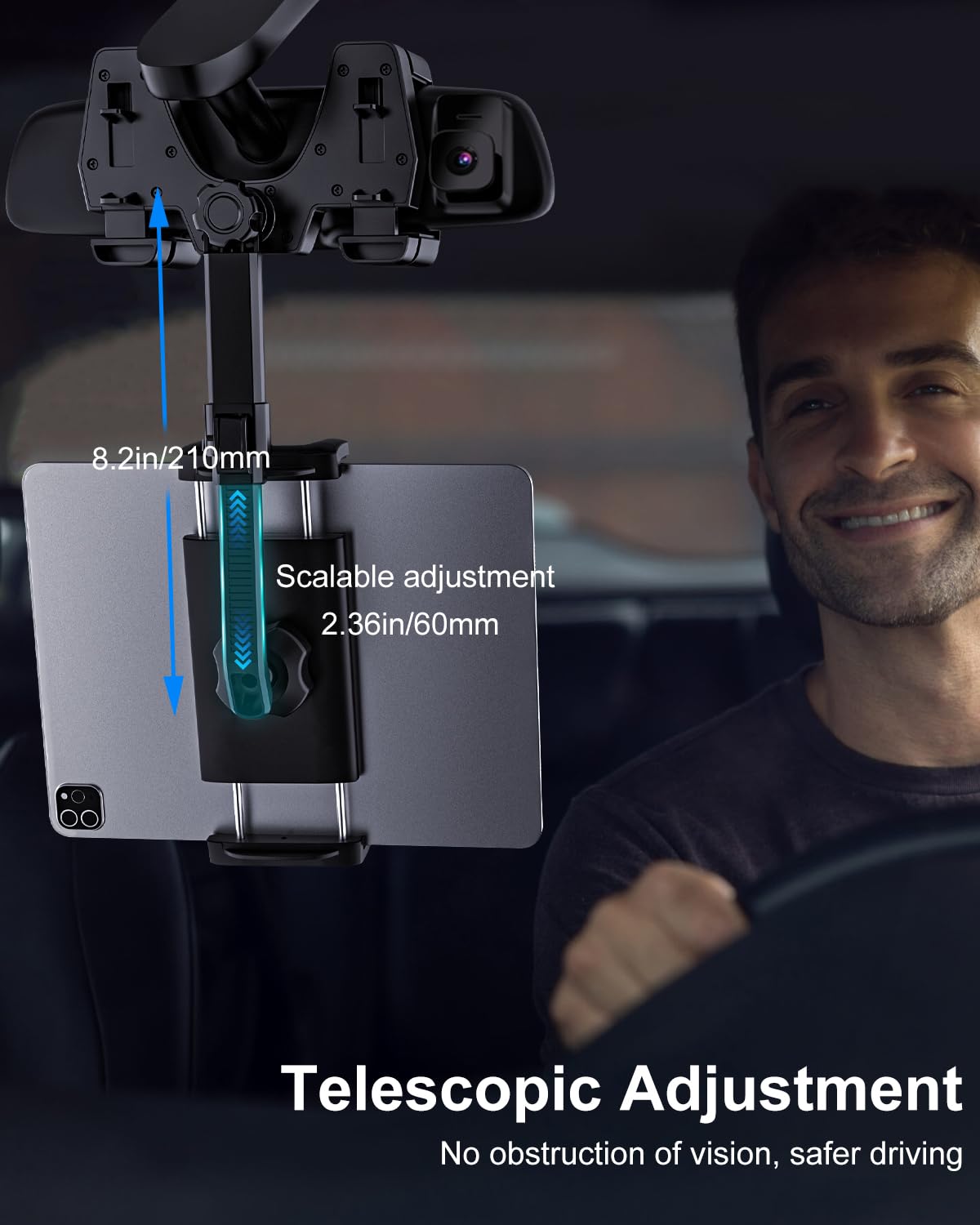 Kolasels Car Rear View Mirror Tablet Holder Mount [4 Claws Anti-Shake Design] 360 Rotatable Retractable Rearview Mirror Tablet P