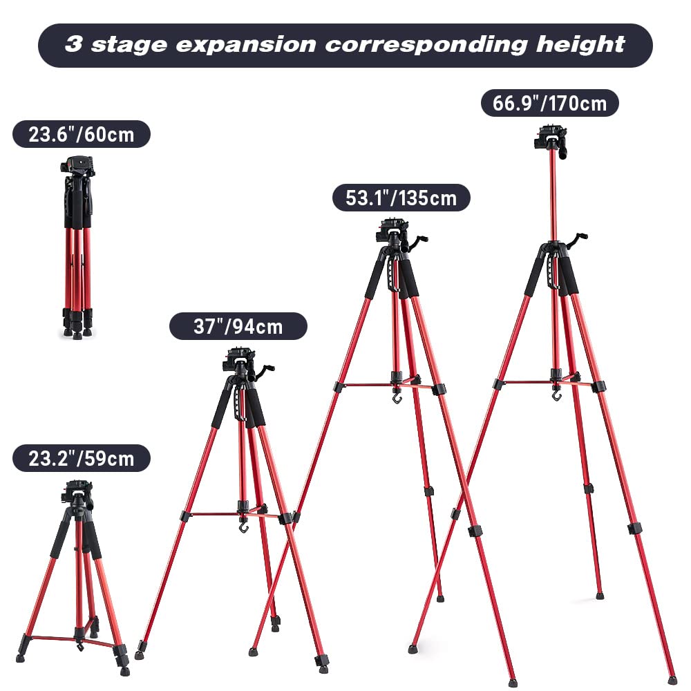 67'' (170Cm) Phone Tripod & Camera Stand, Lightweight Portable Camera Tripods, Extendable Tripod Stand (59Cm To 170Cm), Red Colo