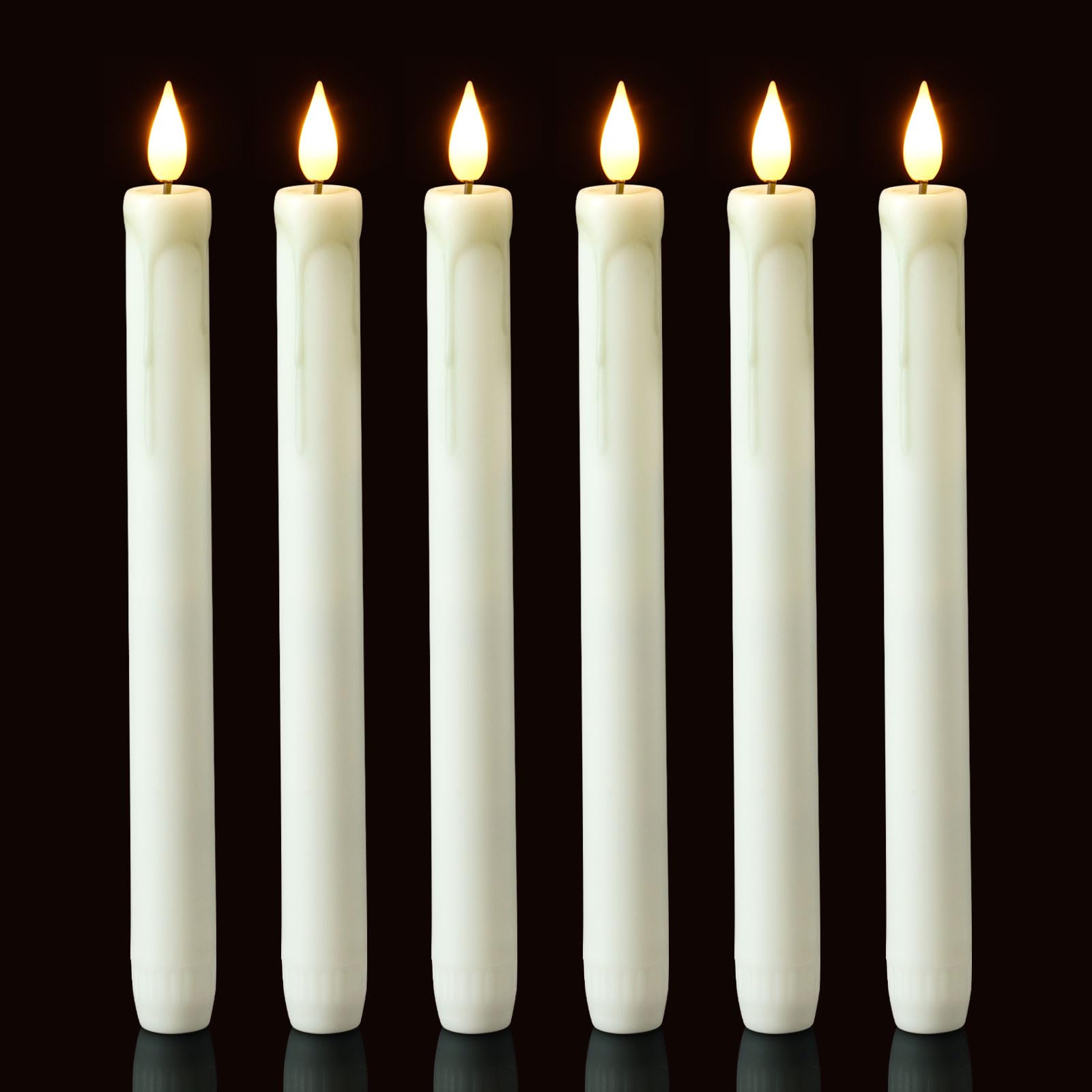 Homemory 6 Pack Flameless Taper Candles, No Remote, Realistic Flickering Battery Operated Candlesticks, White LED Plastic Candle