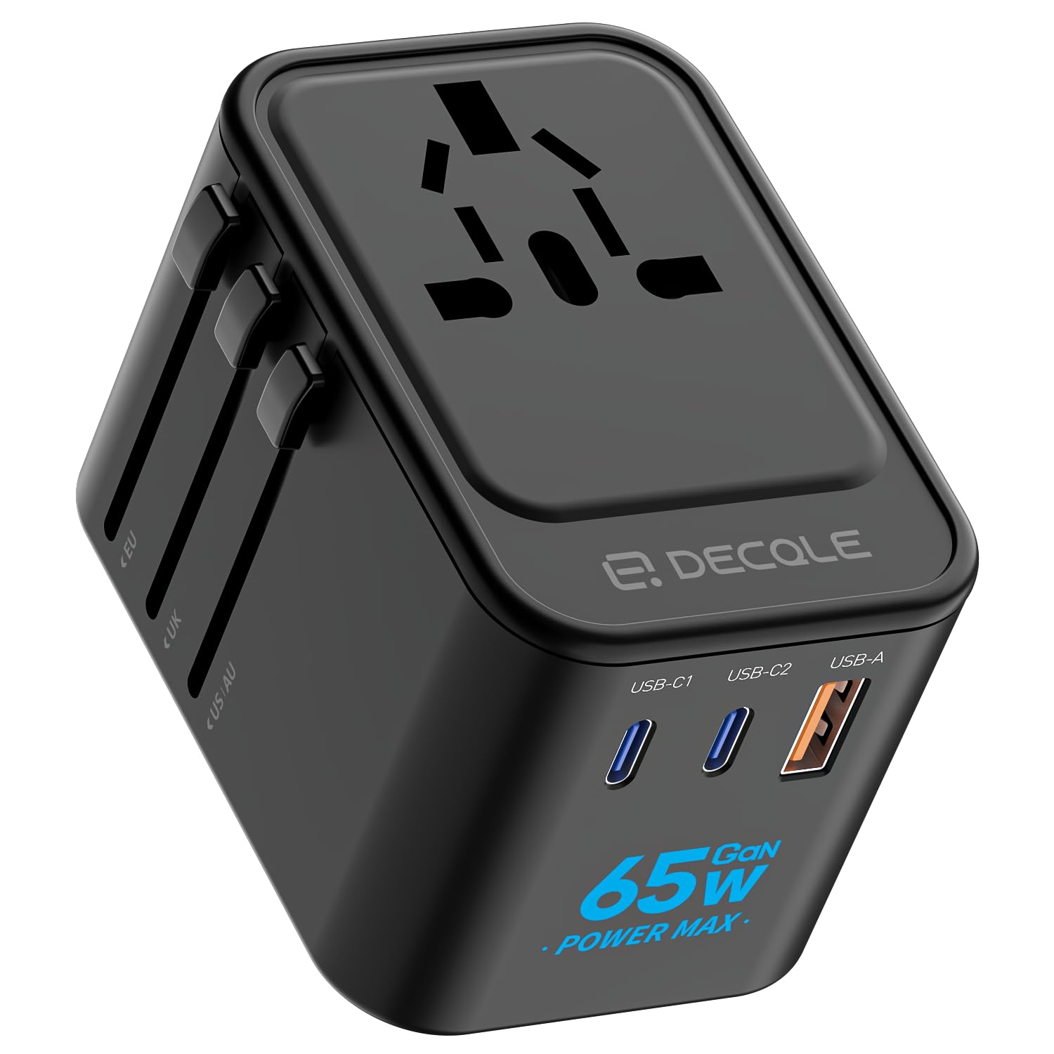 decqle Universal Travel Adapter, International Travel Plug Adapter with 2 USB-C(GaN 65W) & 1 USB-A Ports, All in One Portable Ad