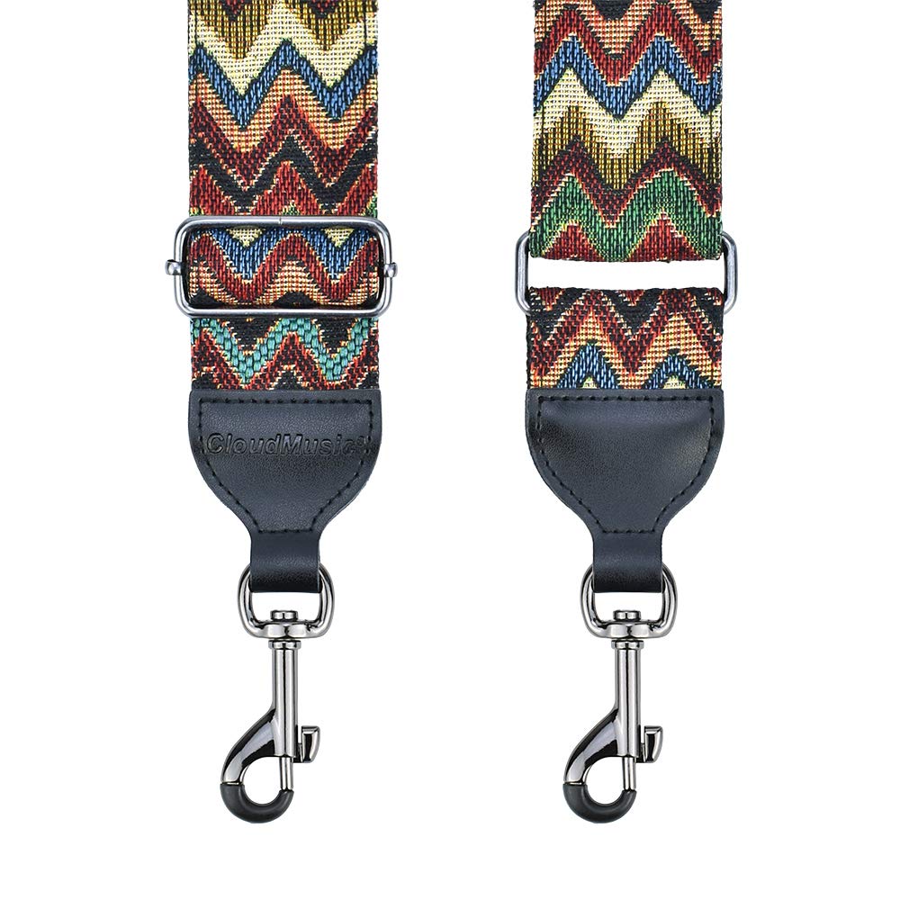 Cloudmusic Banjo Strap Jacquard Woven With Leather Ends Gunmetal Clips(Coloful Waves)