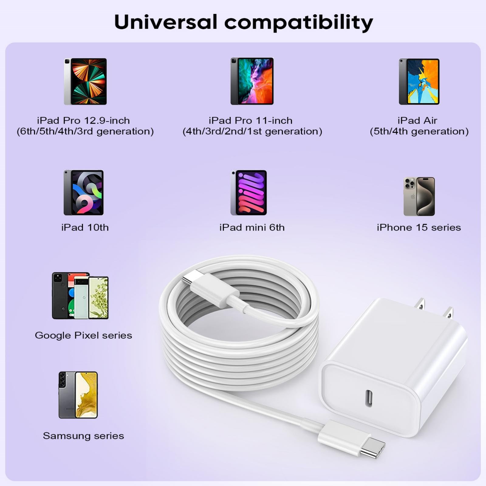 Nuinno iPhone 16 Pro Charger 10FT USB C Cable & 20W Adapter, White, Model HXF-1, Compatible with iPad Pro & Air