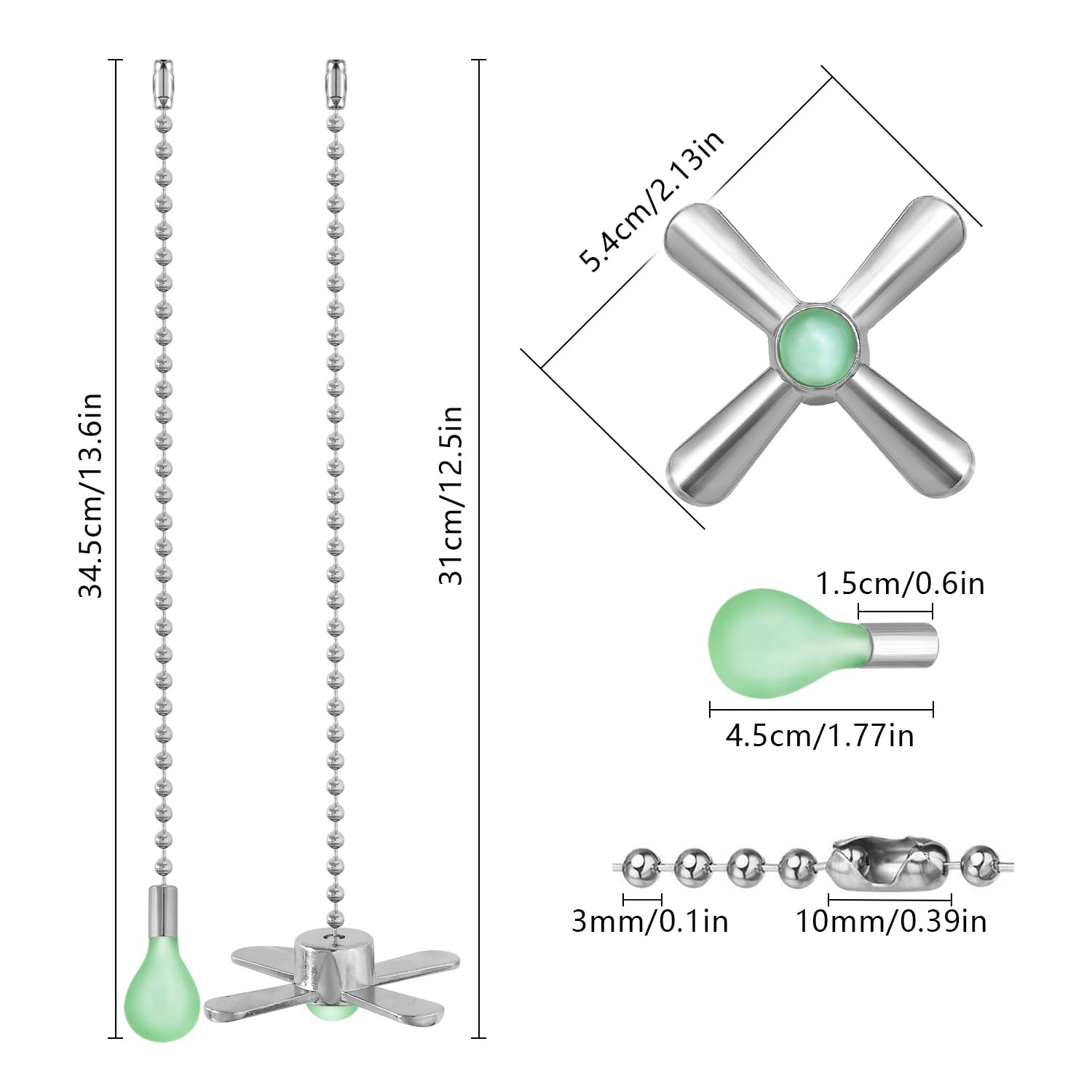 Dotlite Silver Ceiling Fan Pull Chain Set, 2Pack 3Mm Diameter Beaded Fluorescent Decorative Pendant Extension, 12In Lighting & F