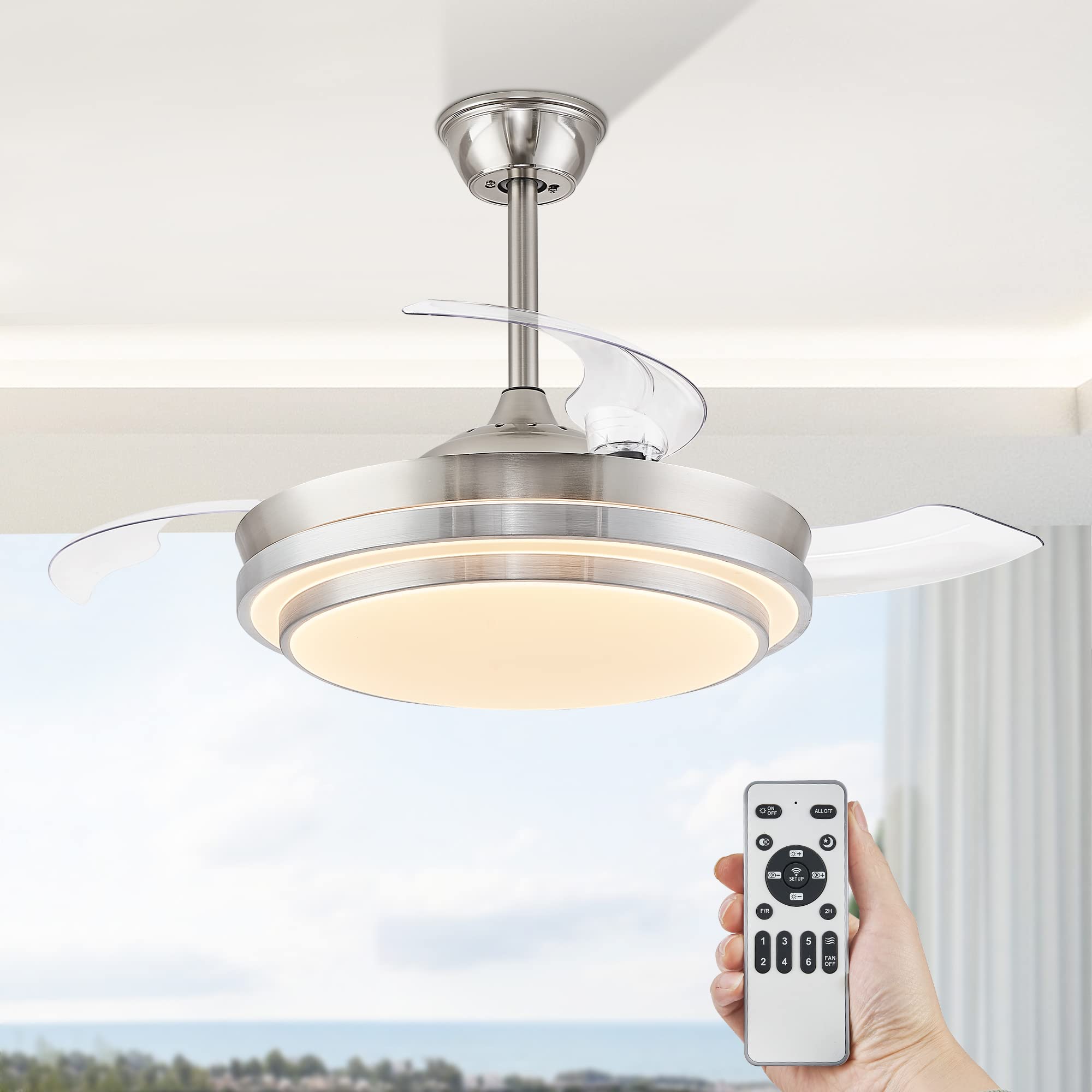 LEDIARY Retractable Ceiling Fans with Lights and Remote, 42 Inch Fandelier Ceiling Fans with LED Lighting, Smart Modern Ceiling 