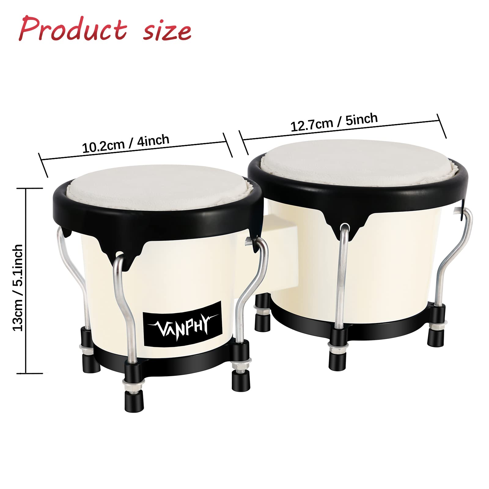 Vanphy Bongo Drum 4'' And 5'' Set For Adults Beginners Tunable Natural Skin Bongos Percussion Instruments With Tuning Wrench And