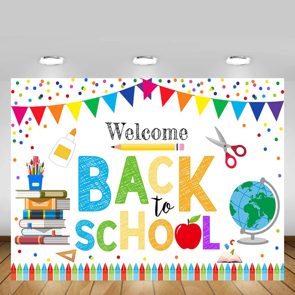 Mehofond Welcome Back To School Backdrop For Kids Children Preschool First Day Of School Kindergarten Classroom Confetti Party Supplies Decor Banner Photo Booth Background Props 7X5Ft