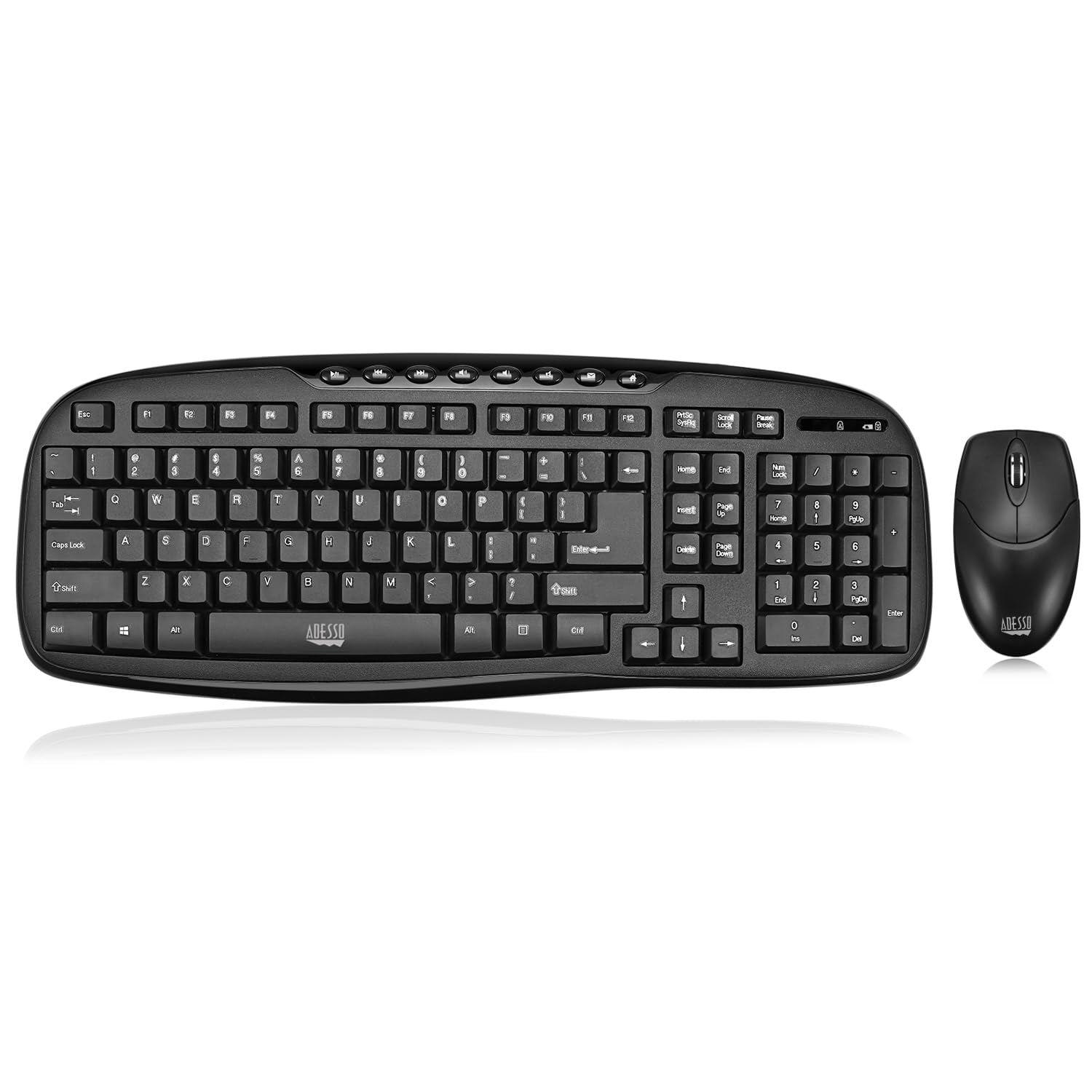 Adesso WKB-1330CB - Wireless Keyboard and Mouse Combo, Desktop Keyboard, Ambidextrous Mouse, Multimedia Hotkeys, Long Battery Li