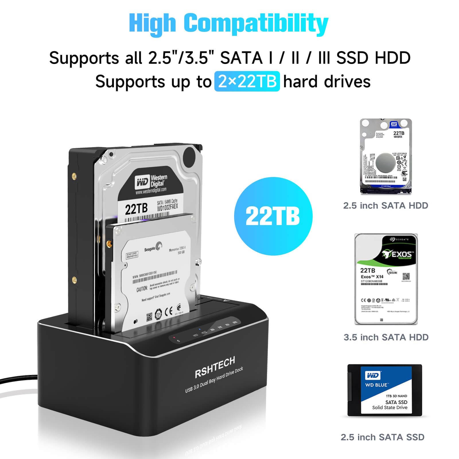 Rshtech Hard Drive Docking Station Aluminum Usb C/Usb 3.0 To Sata Dual Bay Hard Drive Dock For 2.5 Or 3.5 Inch Hdd Ssd, With 2 I