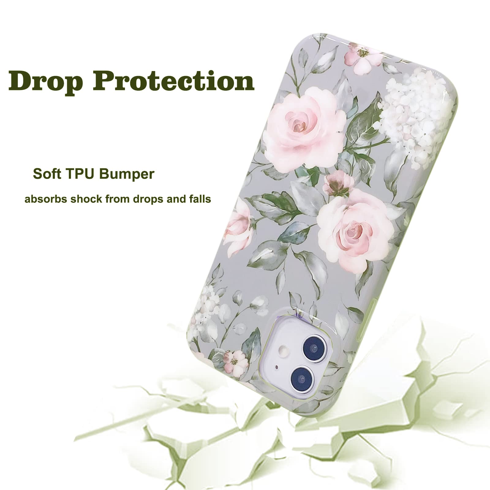Magnetic Case For Iphone 12/12 Pro 6.1'' Compatible With Magsafe   Soft Tpu, Slim, Shockproof, Protective, Cute Gray Pink Floral
