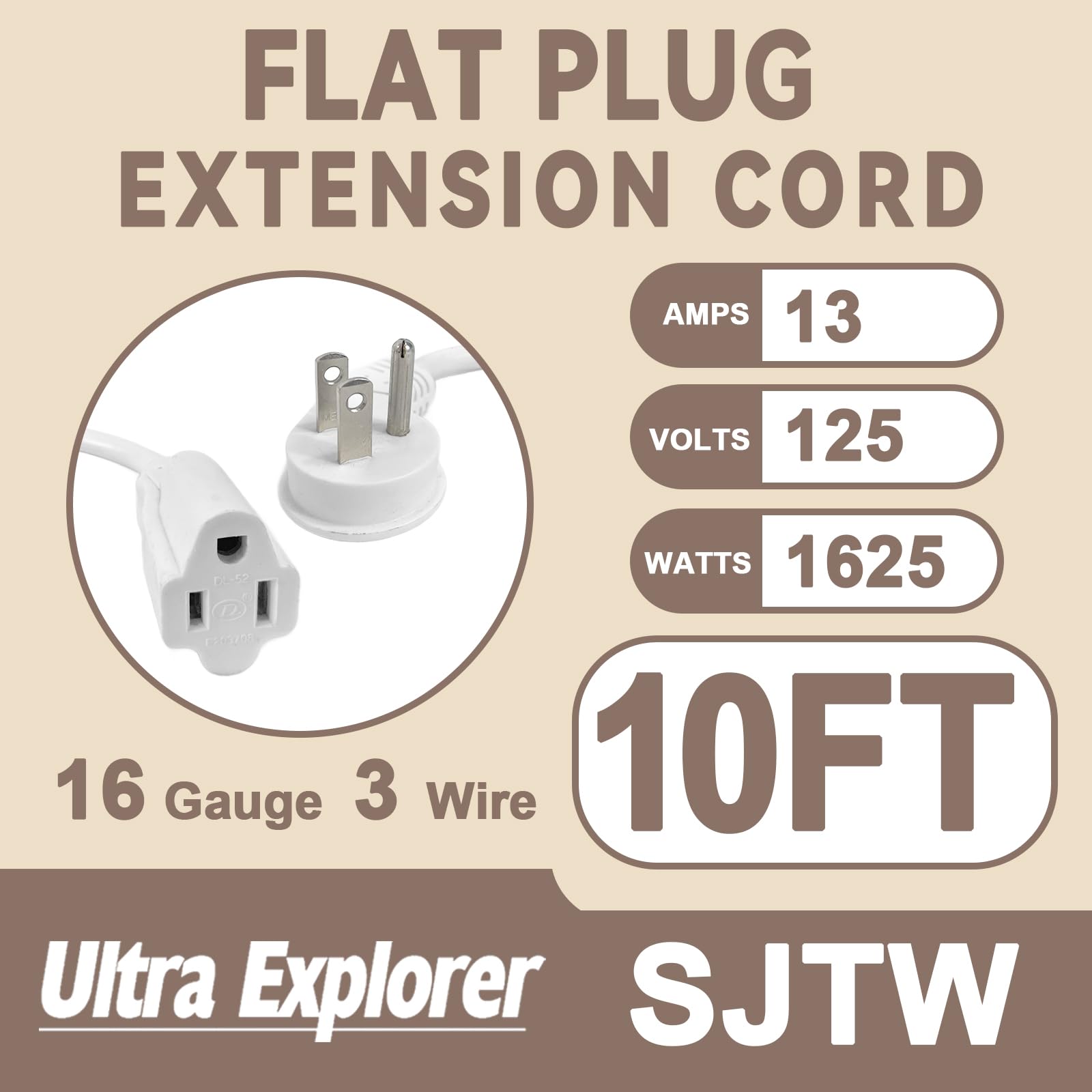 Ultra Explore 10 Ft Flat Plug Extension Cord, 16 Awg 3 Prong Grounded Extension Cord White Flat Plug, Low Profile Extension Wire