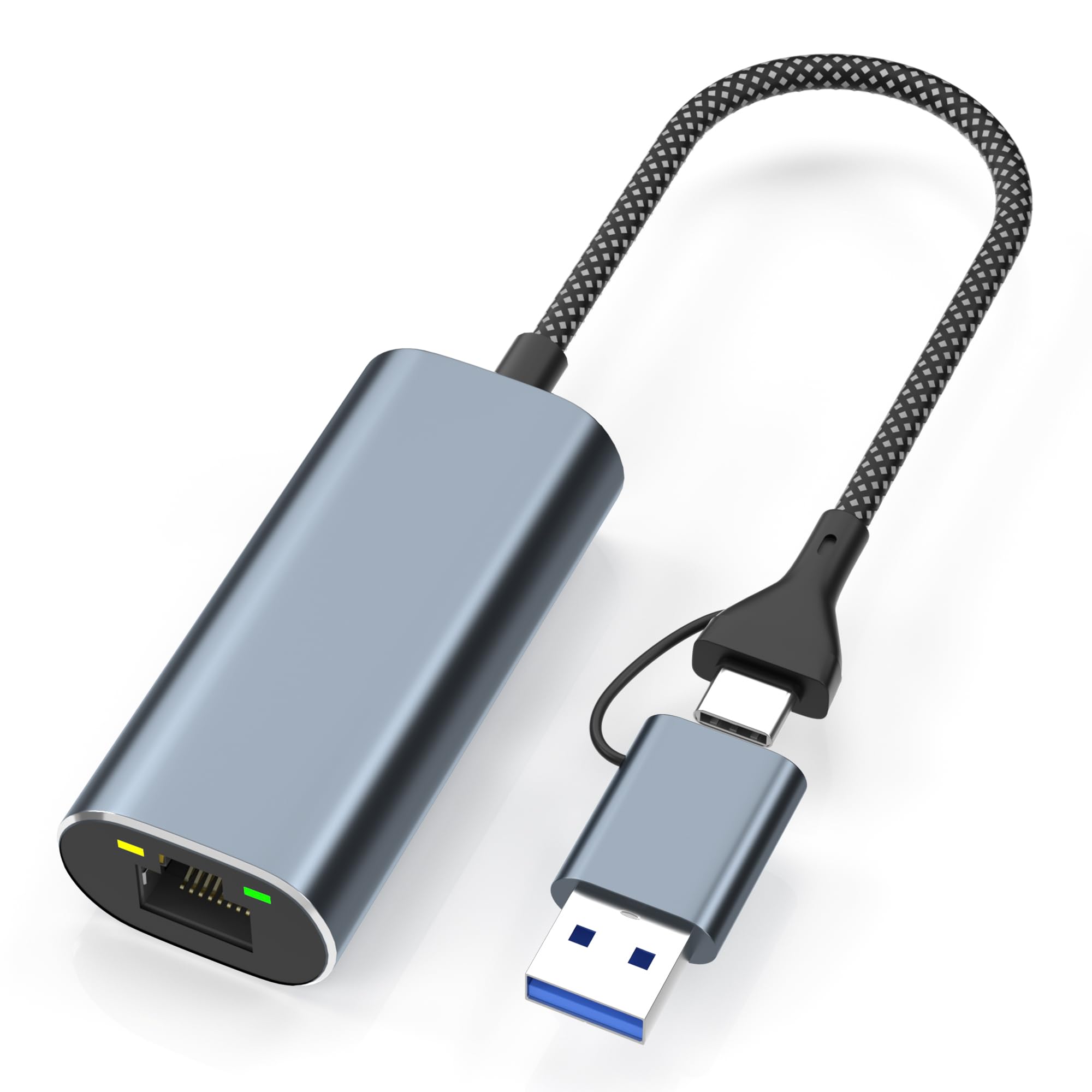 USB to Ethernet Adapter 2.5Gb, DualConnector 2 in 1 USBA&USBC to 2.5 Gigabit Ethernet Adapter for Laptop/iPhone16/17, Wired LAN
