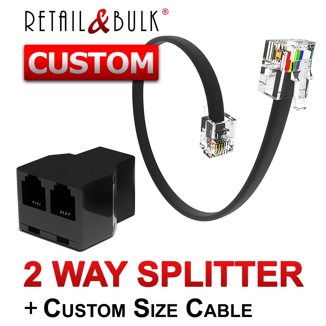Retailandbulk Phone Jack Splitter For Landline Telephone Rj11 6P4C 2 Way In Line Adapter + Customizable Telephone Cable � 2 Inch To 15 Ft (Black, Made In Usa)
