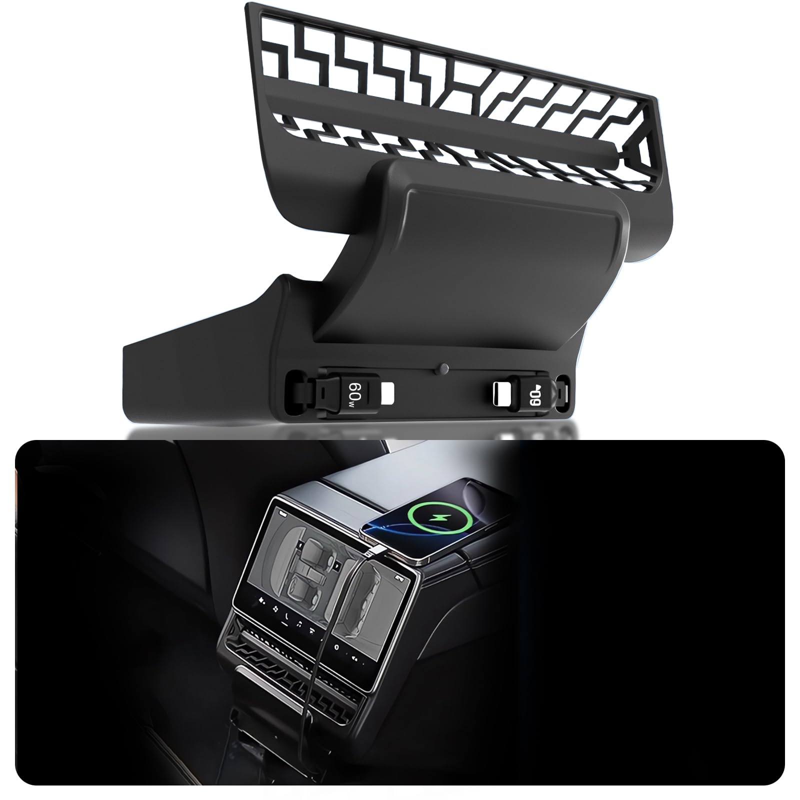 DGXWLLW USB Hub for Tesla Model Y Juniper 2025 2026 Model 3 Highland 2024 2025, 120W Dual Type-C Rear Vent Air Outlet Expansion 
