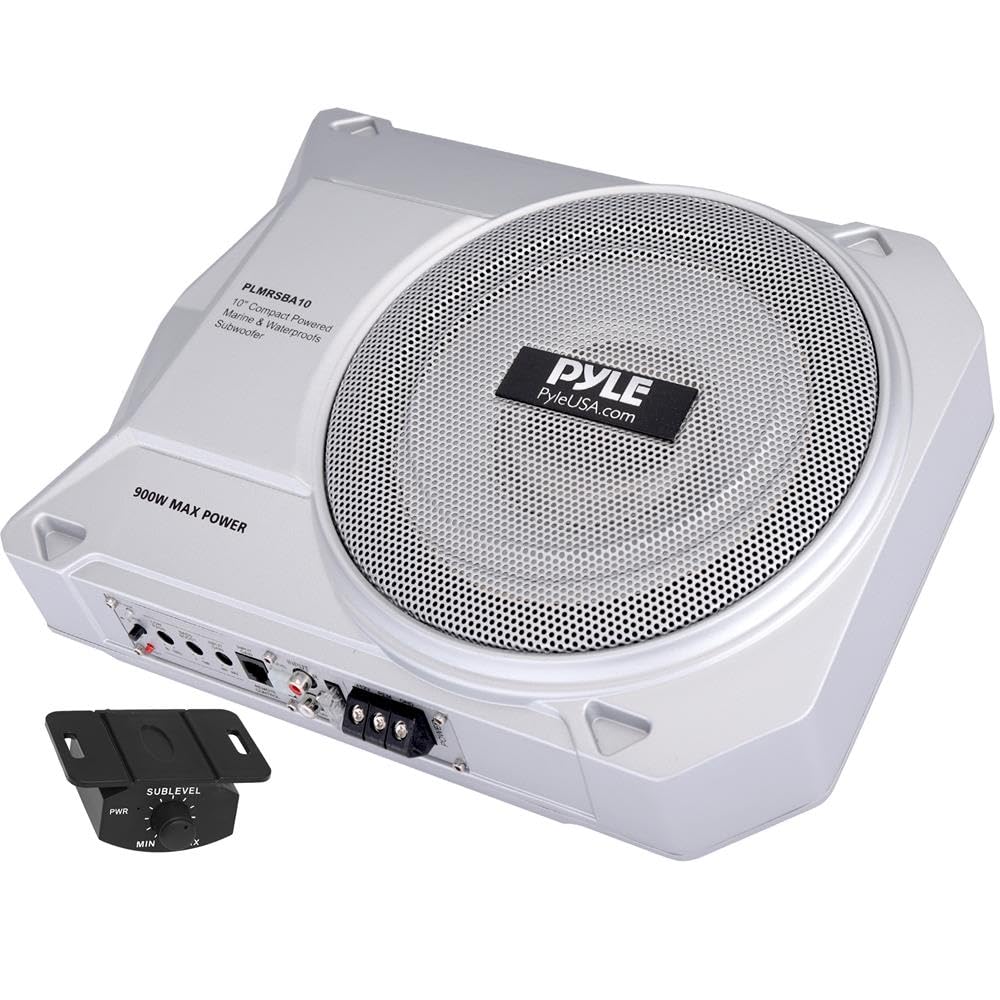 Pyle 10-Inch Low-Profile Amplified Subwoofer System - 900 Watt Compact Enclosed Active Marine Underseat Car Subwoofer with Built